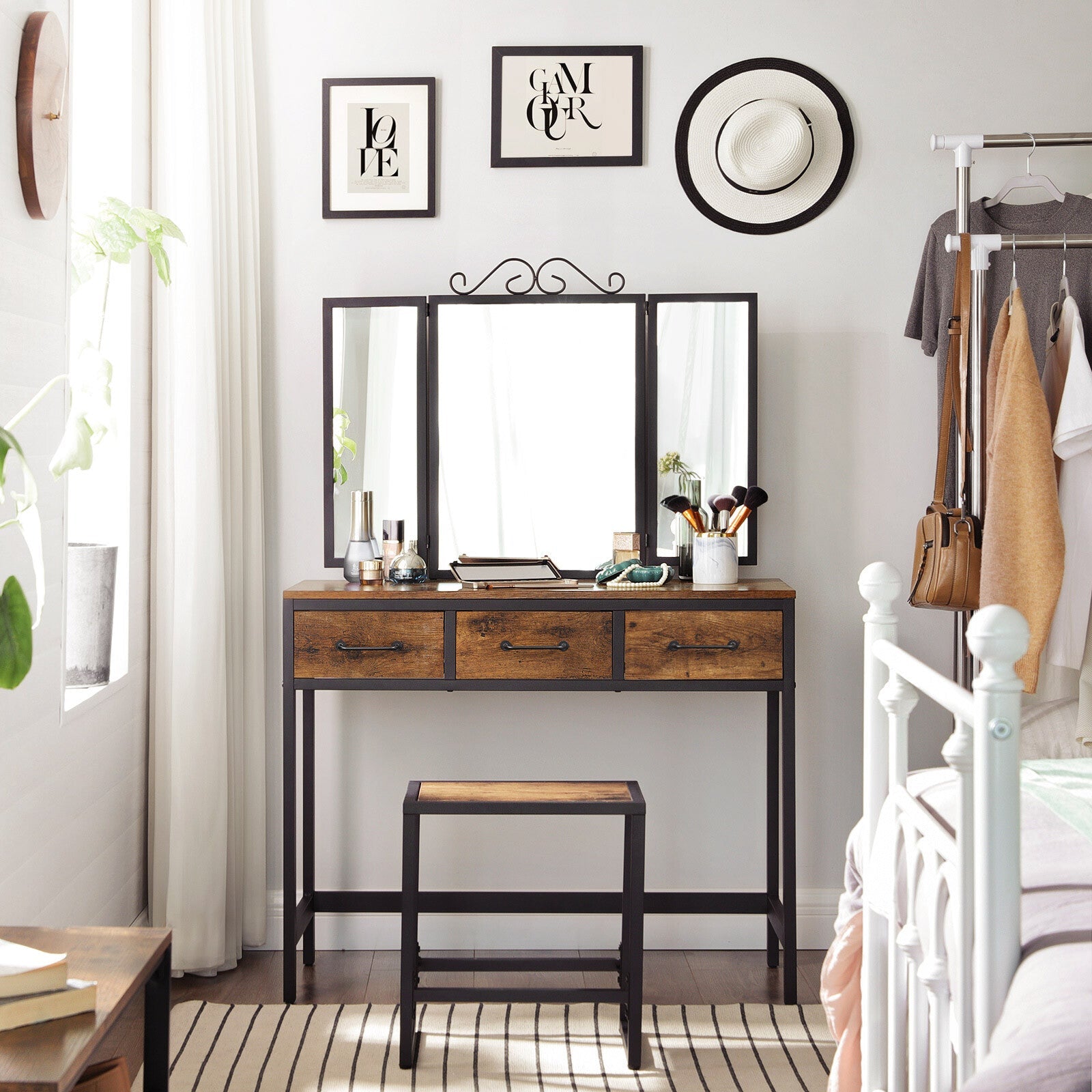 Dressing Table with Mirror and Stool Set Vanity Table Mirror Makeup Desk Drawers - Home and Garden Furniture Shop - rustic - furniture
