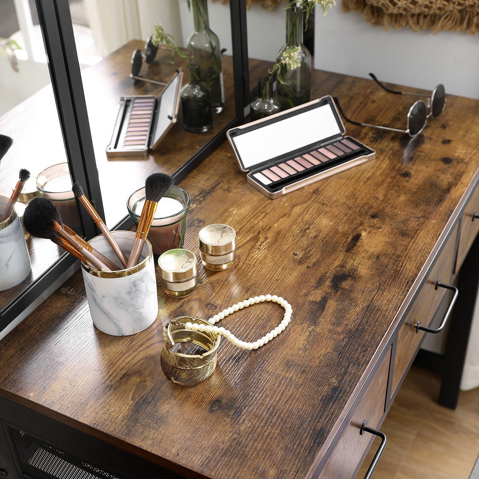 Dressing Table with Mirror and Stool Set Vanity Table Mirror Makeup Desk Drawers - Home and Garden Furniture Shop - #rustic - furniture#