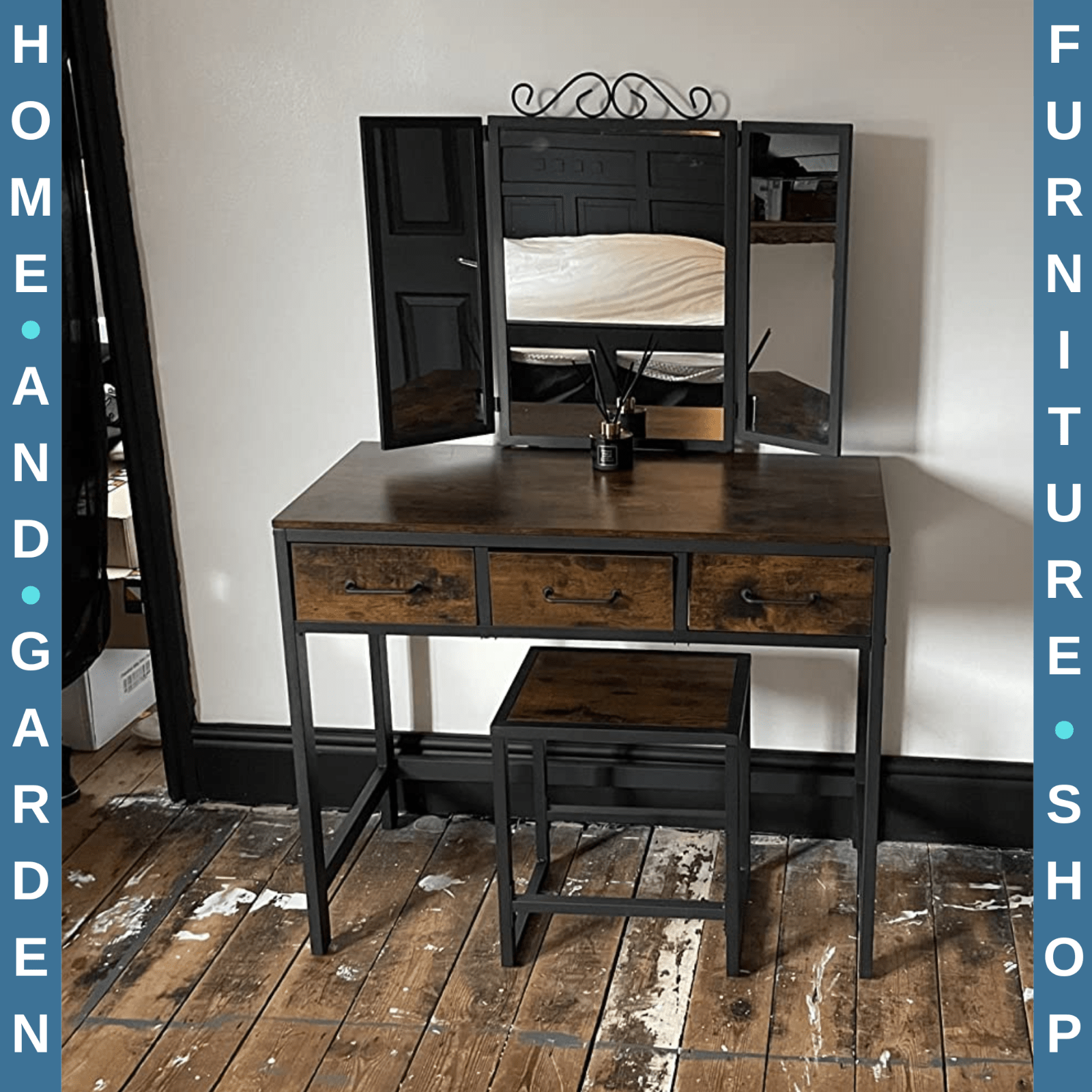 Dressing Table with Mirror and Stool Set Vanity Table Mirror Makeup Desk Drawers - Home and Garden Furniture Shop - rustic - furniture