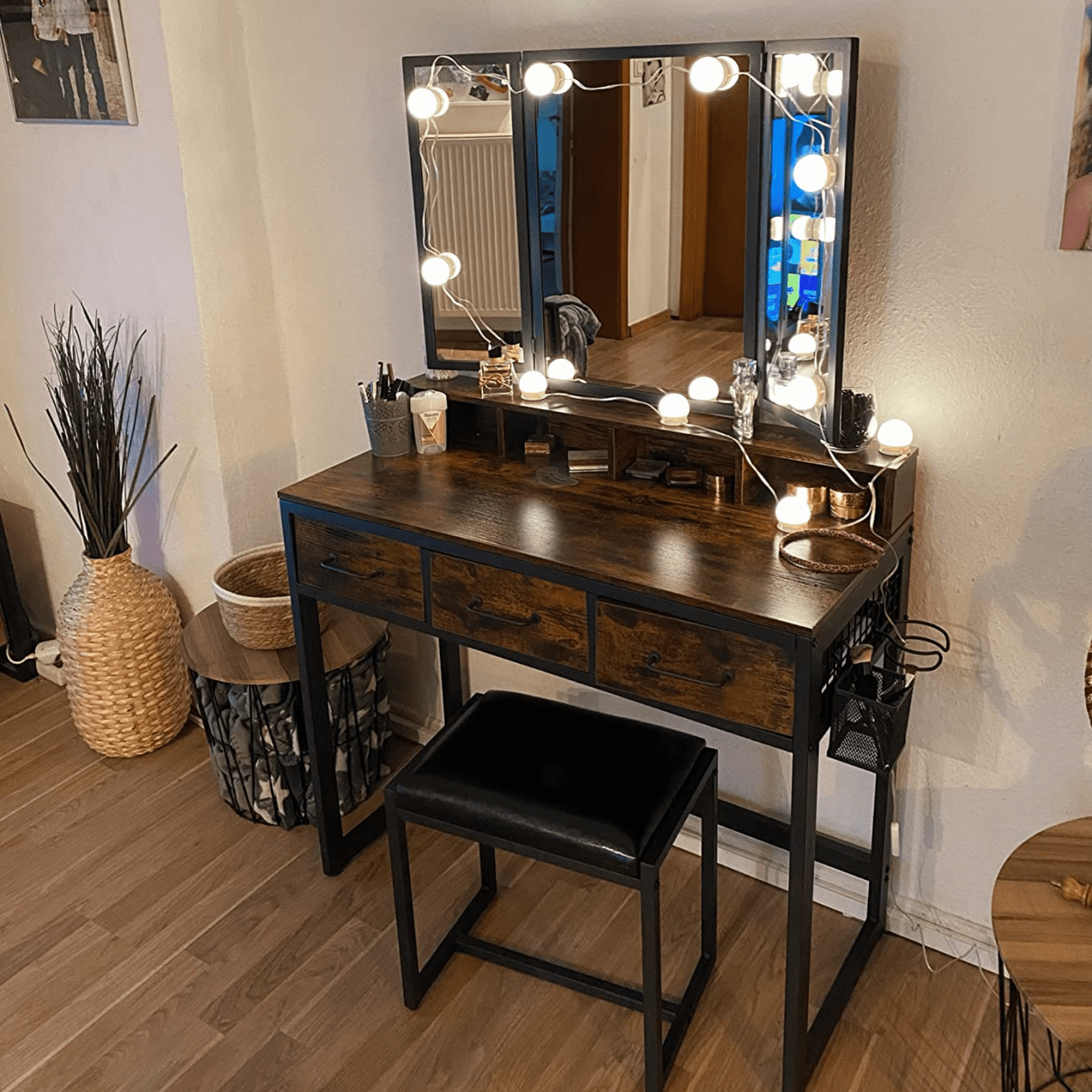 Dressing Table with Mirror and Stool Vanity Table Mirror Makeup Desk 3 Drawers - Home and Garden Furniture Shop - #rustic - furniture#