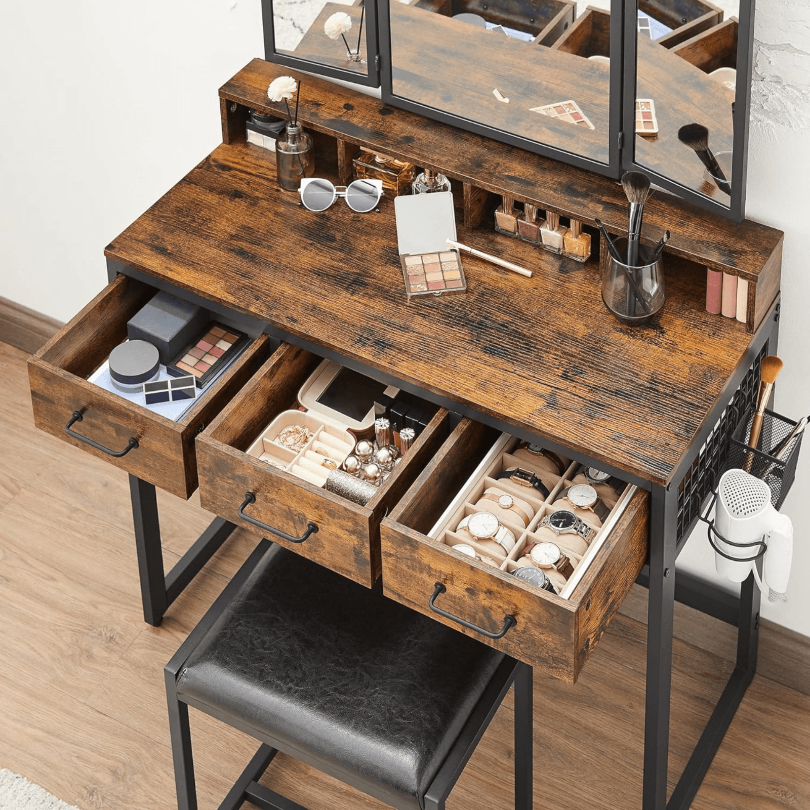 Dressing Table with Mirror and Stool Vanity Table Mirror Makeup Desk 3 Drawers - Home and Garden Furniture Shop - #rustic - furniture#