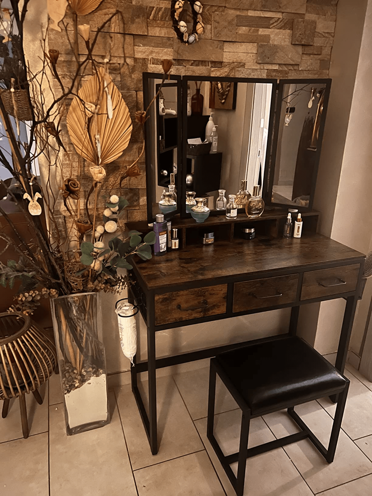 Dressing Table with Mirror and Stool Vanity Table Mirror Makeup Desk 3 Drawers - Home and Garden Furniture Shop - #rustic - furniture#