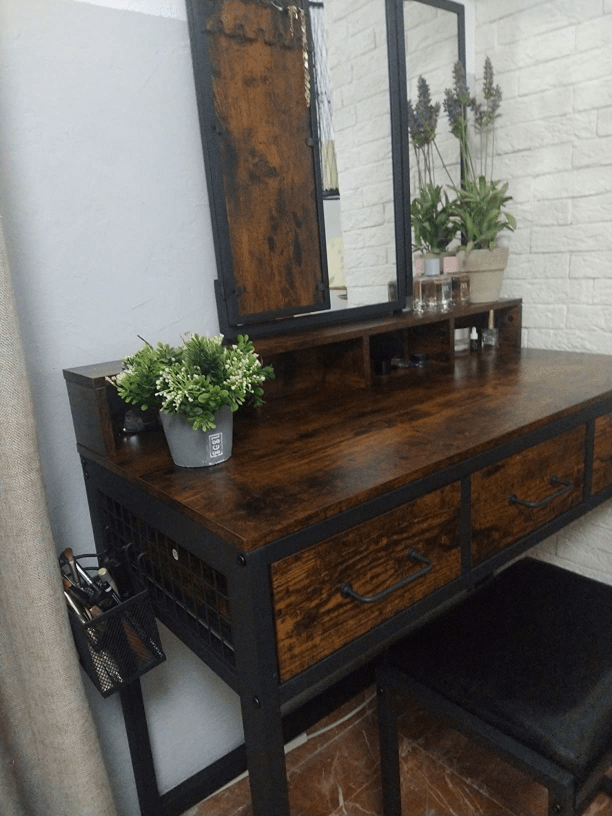 Dressing Table with Mirror and Stool Vanity Table Mirror Makeup Desk 3 Drawers - Home and Garden Furniture Shop - rustic - furniture