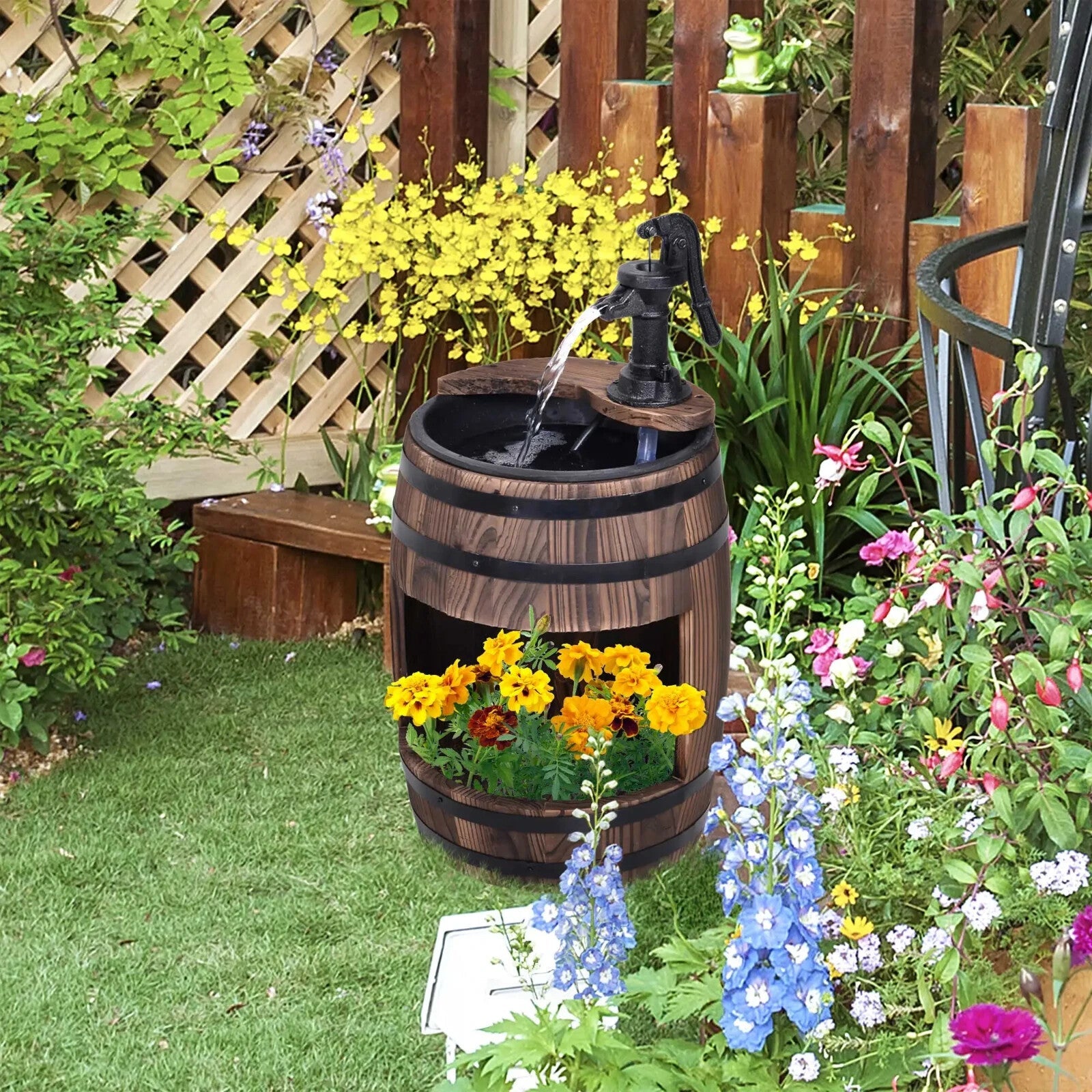 Fir Wood Barrel Pump Fountain With Flower Planter Garden Water Feature 27 x 59cm - Home and Garden Furniture Shop - rustic - furniture