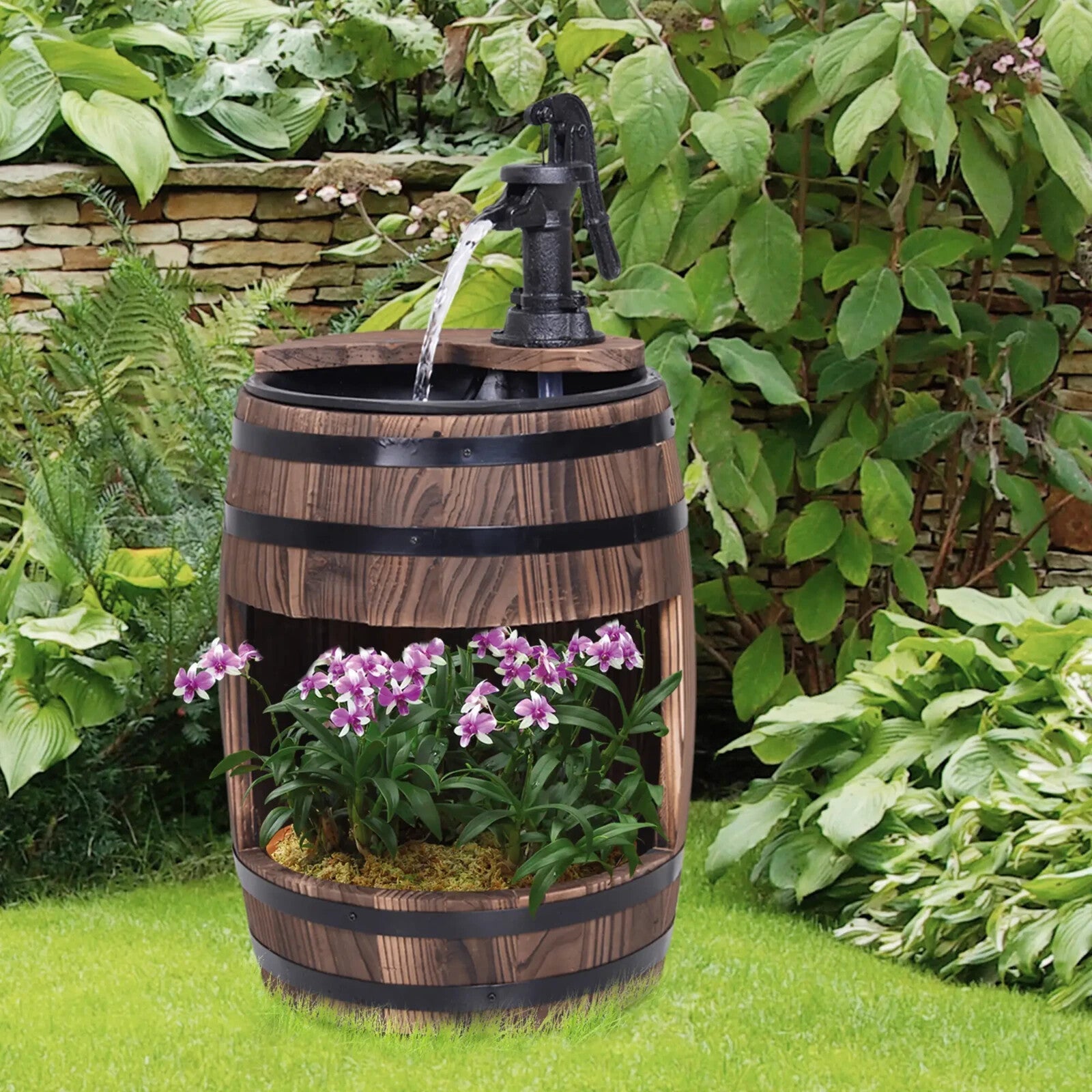 Fir Wood Barrel Pump Fountain With Flower Planter Garden Water Feature 27 x 59cm - Home and Garden Furniture Shop - rustic - furniture