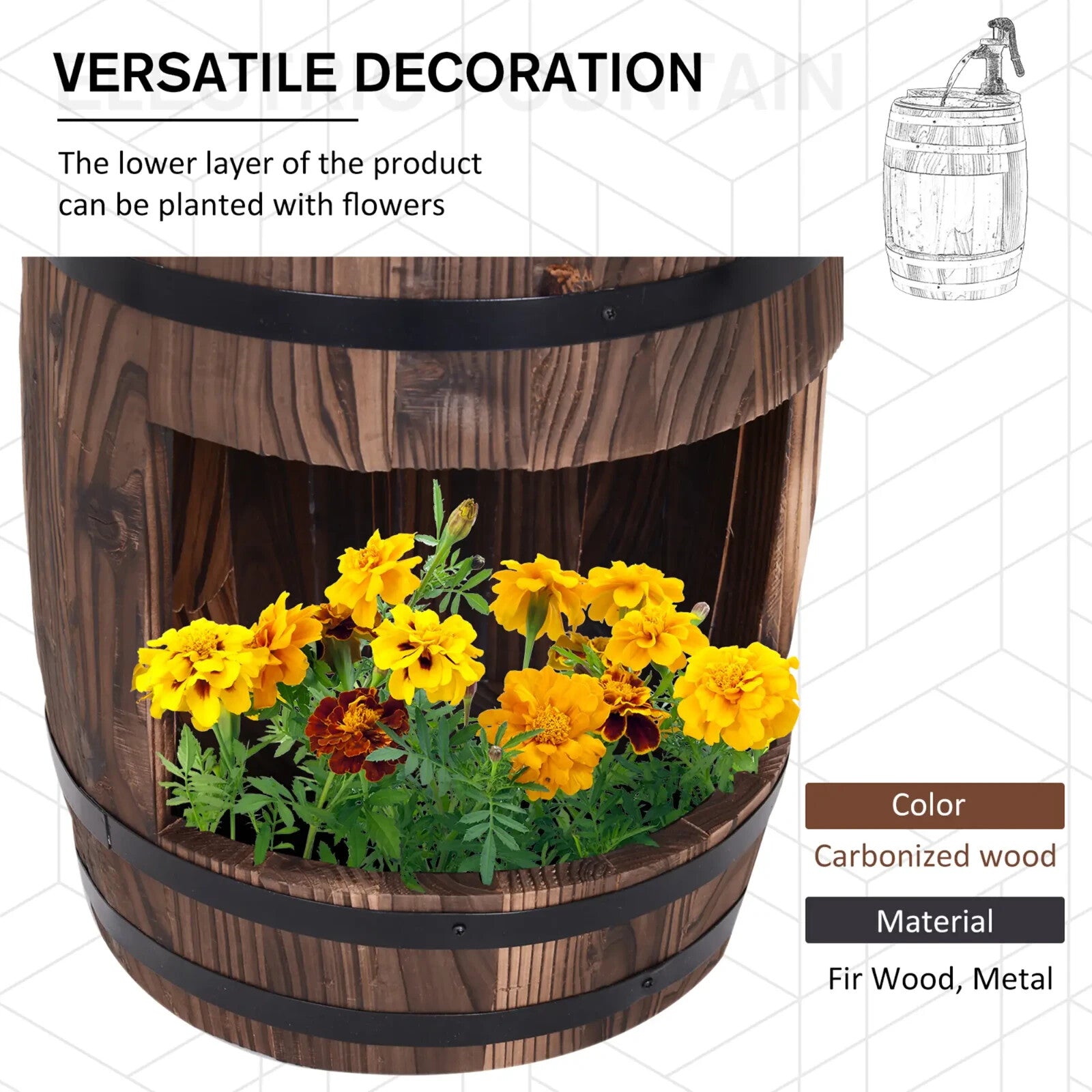 Fir Wood Barrel Pump Fountain With Flower Planter Garden Water Feature 27 x 59cm - Home and Garden Furniture Shop - rustic - furniture