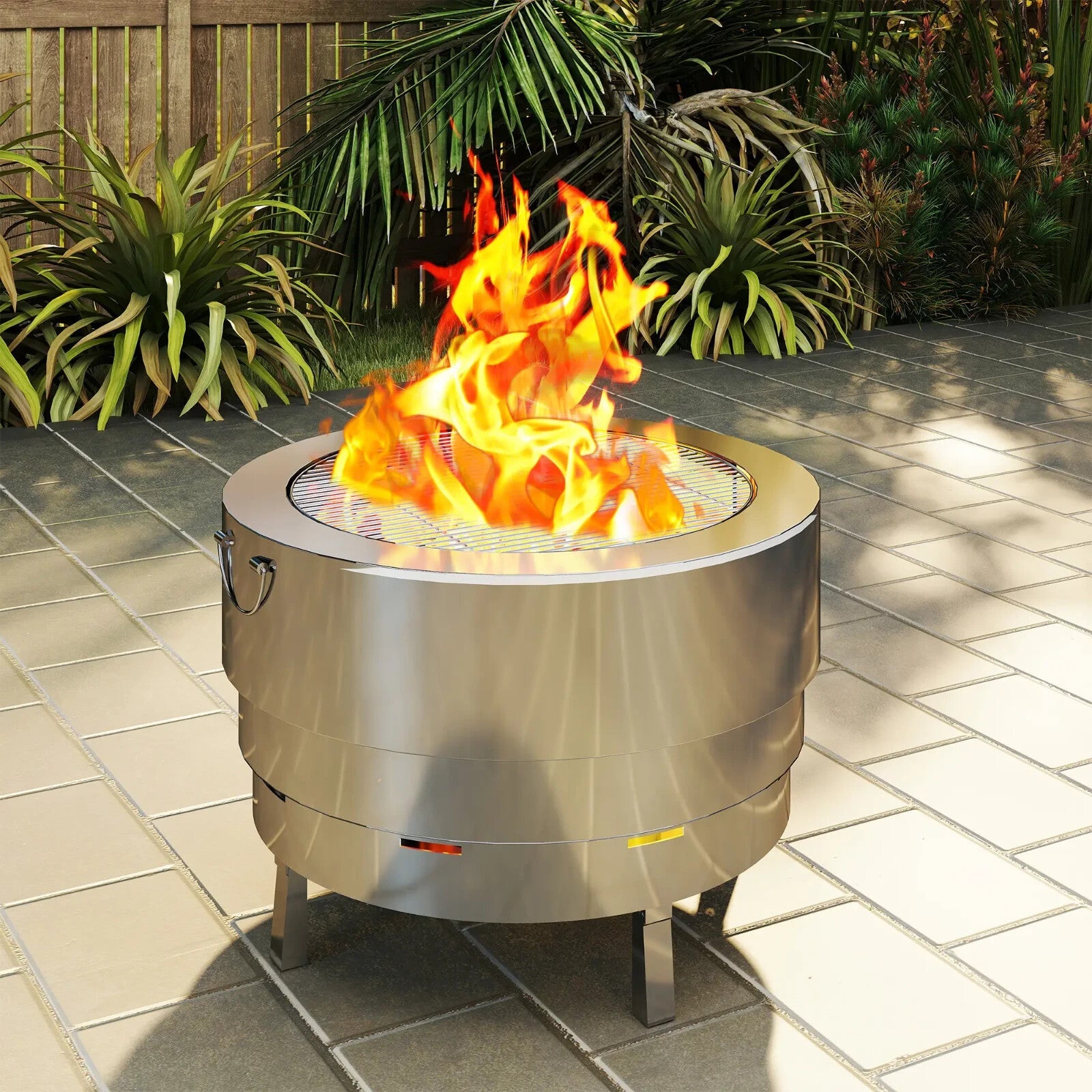 Fire Pit Portable Stainless Steel With Poker, Grill Net & Foldable Legs Silver - Home and Garden Furniture Shop - rustic - furniture