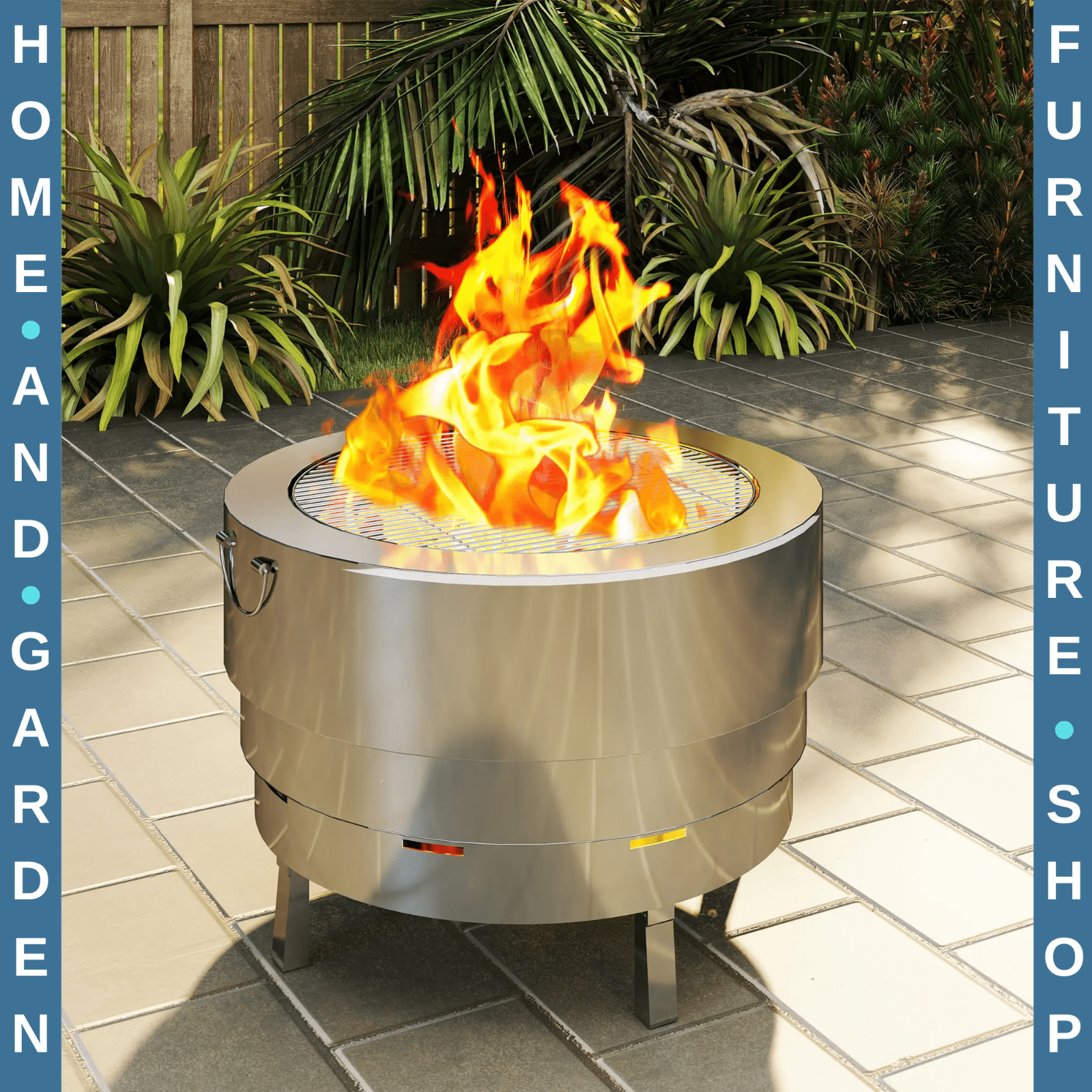 Fire Pit Portable Stainless Steel With Poker, Grill Net & Foldable Legs Silver - Home and Garden Furniture Shop - rustic - furniture