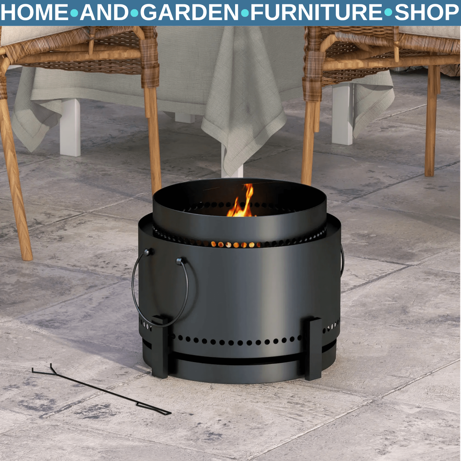 Fire Pit Smokeless Portable Round Metal Frame with Poker & Two Handles Black - Home and Garden Furniture Shop - rustic - furniture