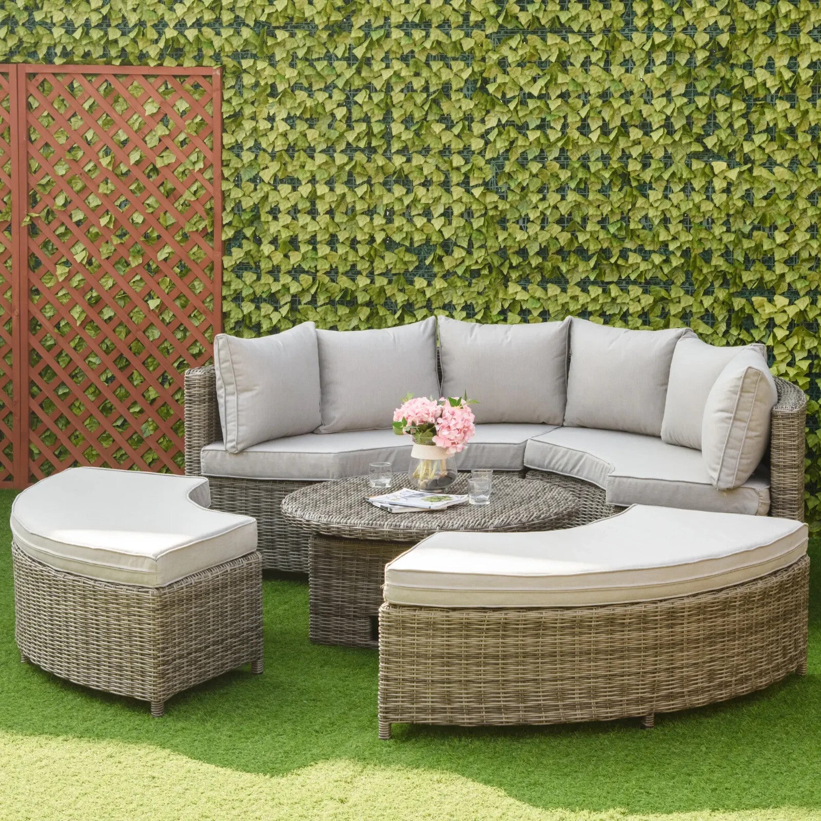 Five Piece Rattan Garden Lounge Set with Round Daybed Table and Cushions Outdoor - Home and Garden Furniture Shop - rustic - furniture