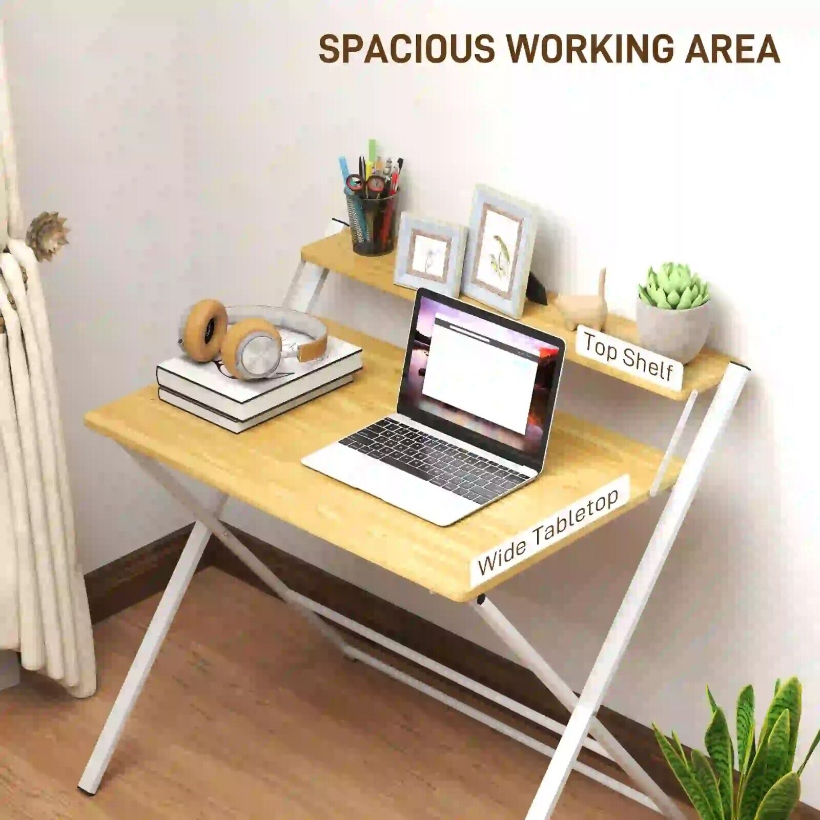 Folding Computer Desk 2 Tier Shelf Home Office Space Saving Table Wood Effect - Home and Garden Furniture Shop - #rustic - furniture#