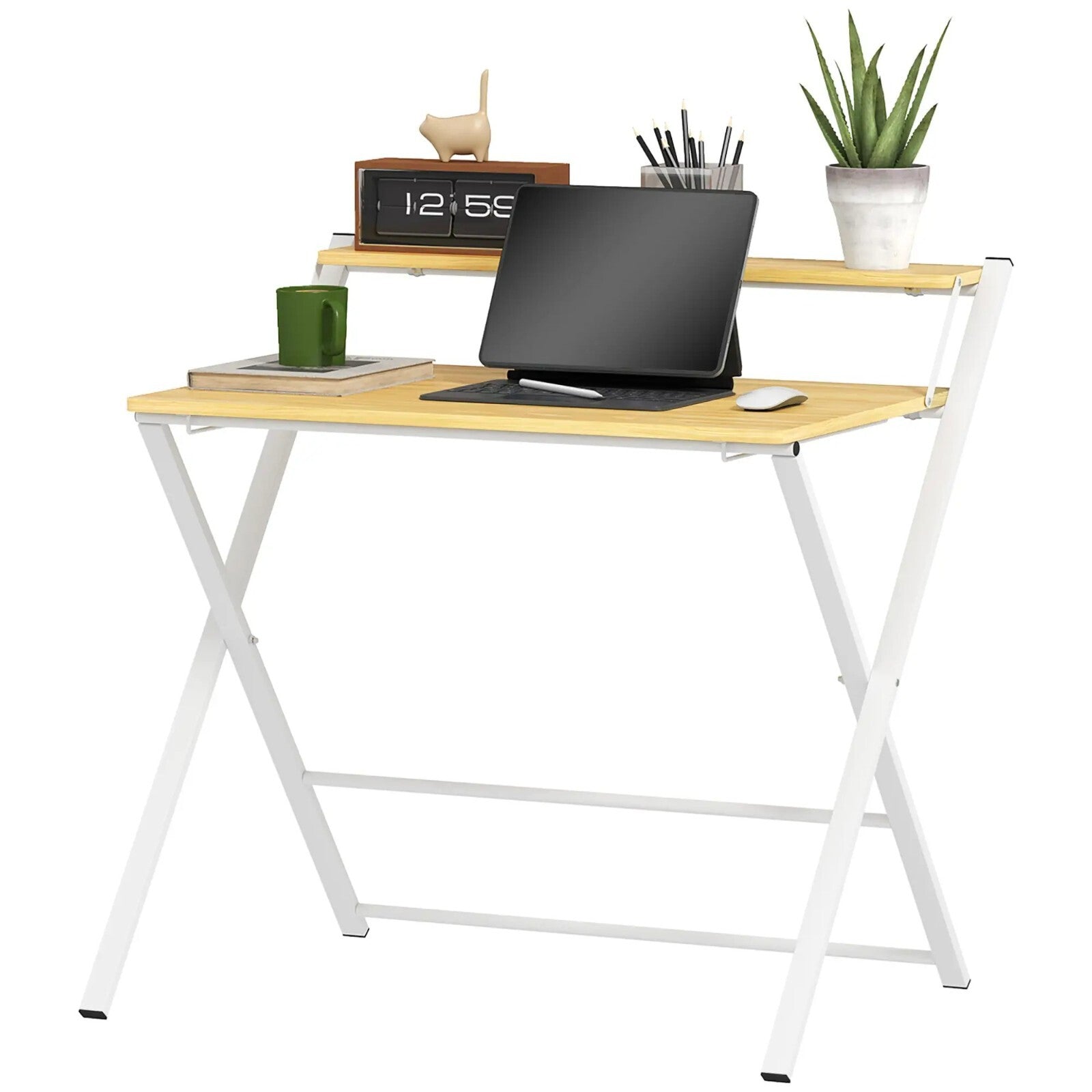 Folding Computer Desk 2 Tier Shelf Home Office Space Saving Table Wood Effect - Home and Garden Furniture Shop - rustic - furniture