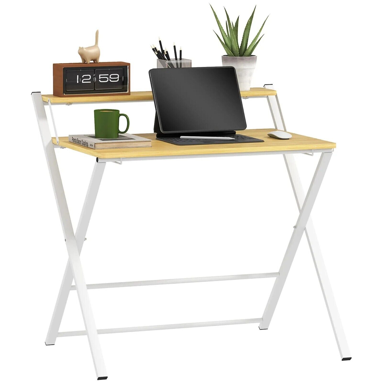 Folding Computer Desk 2 Tier Shelf Home Office Space Saving Table Wood Effect - Home and Garden Furniture Shop - #rustic - furniture#