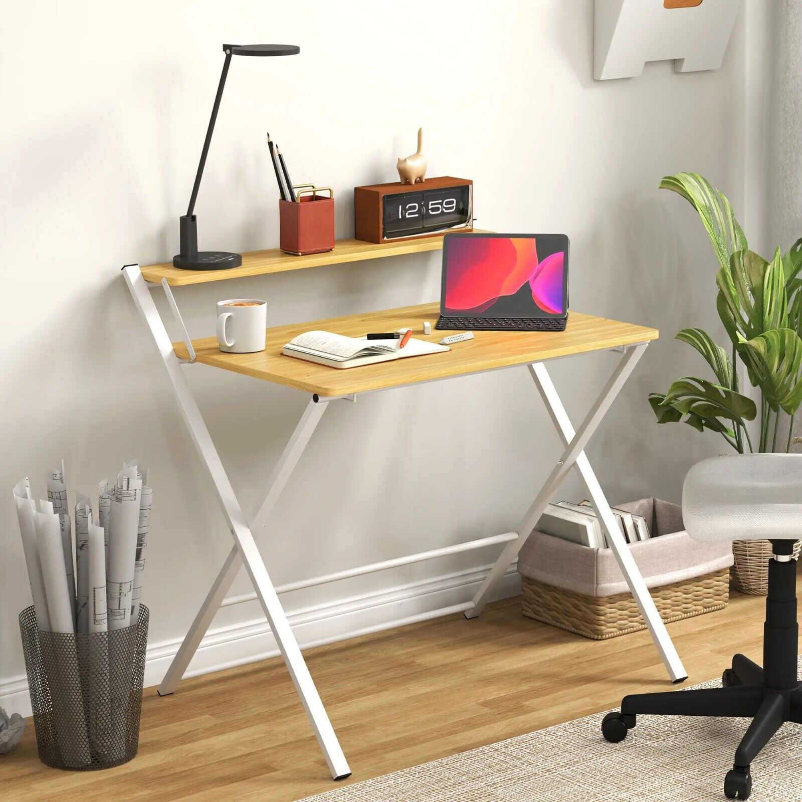 Folding Computer Desk 2 Tier Shelf Home Office Space Saving Table Wood Effect - Home and Garden Furniture Shop - #rustic - furniture#