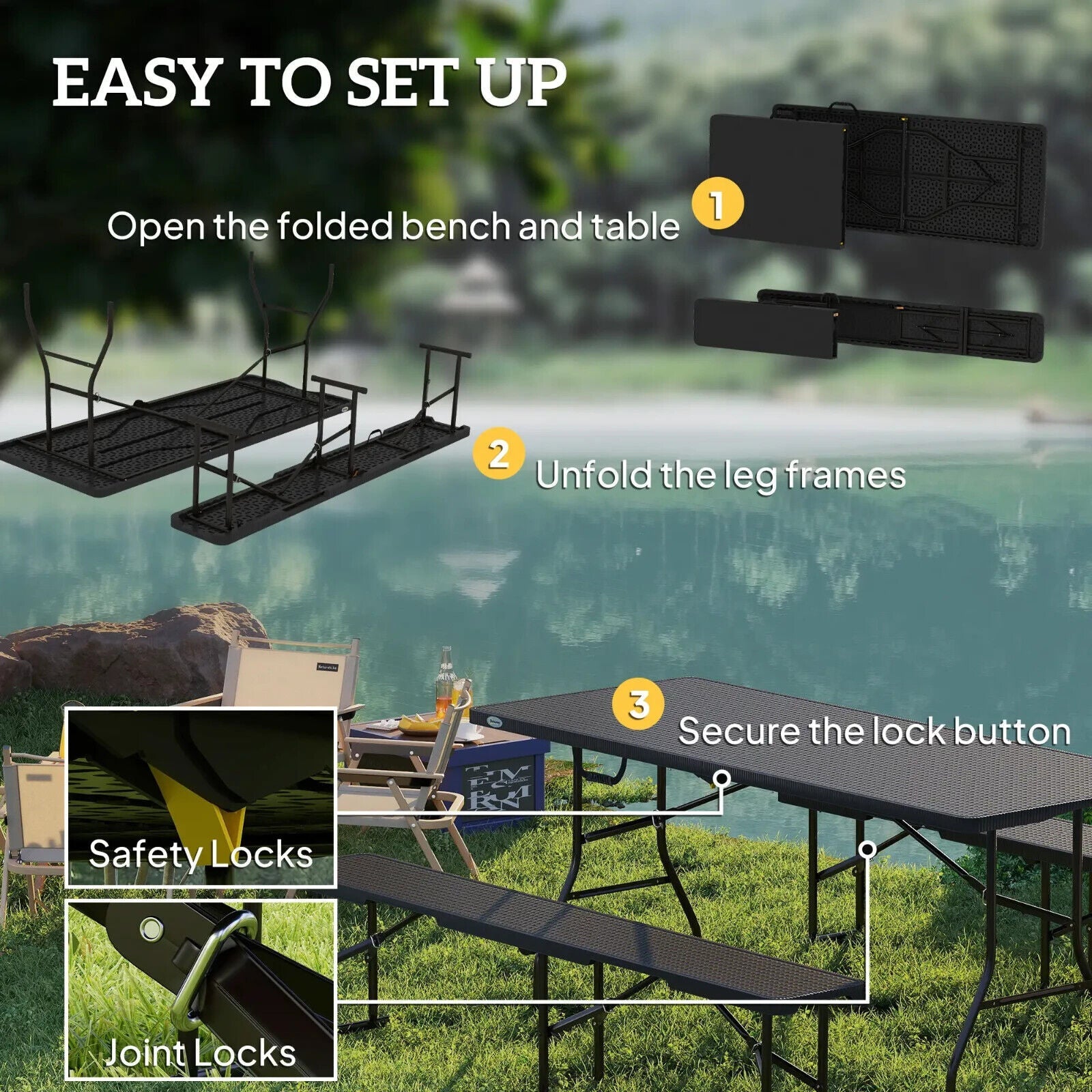 Folding Picnic Table and Bench Set Rattan Effect with Carry Handles for Camping - Home and Garden Furniture Shop - #rustic - furniture#