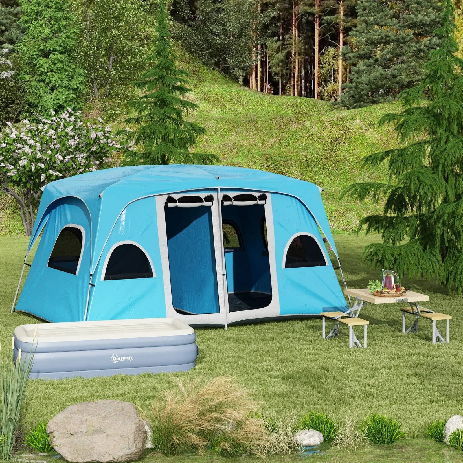 Folding Picnic Table and Chairs Set Portable Camping Table with Umbrella Hole - Home and Garden Furniture Shop - rustic - furniture
