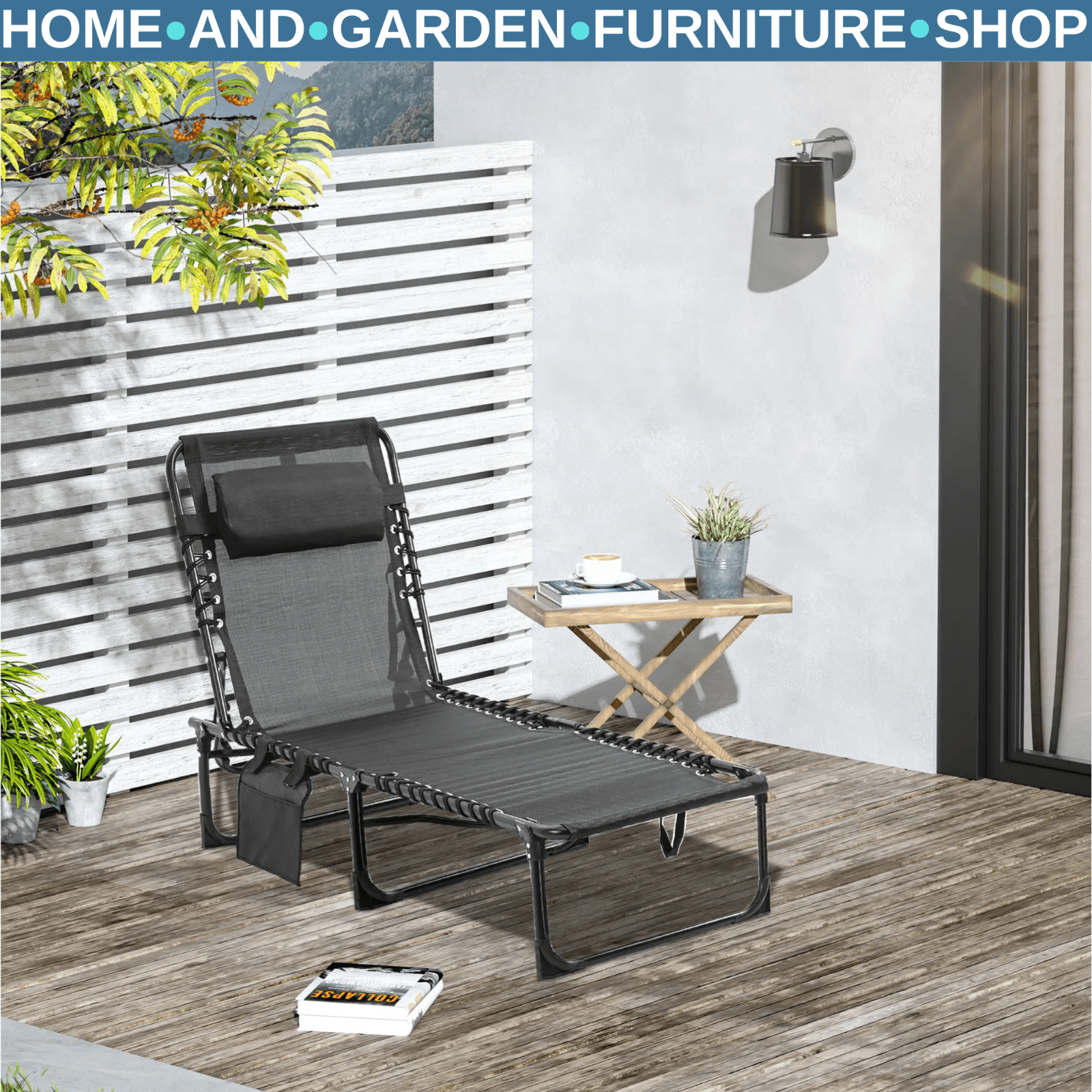 Folding Reclining Camping Lounger Bed with 5 Position Adjustable Backrest Black - Home and Garden Furniture Shop - #rustic - furniture#