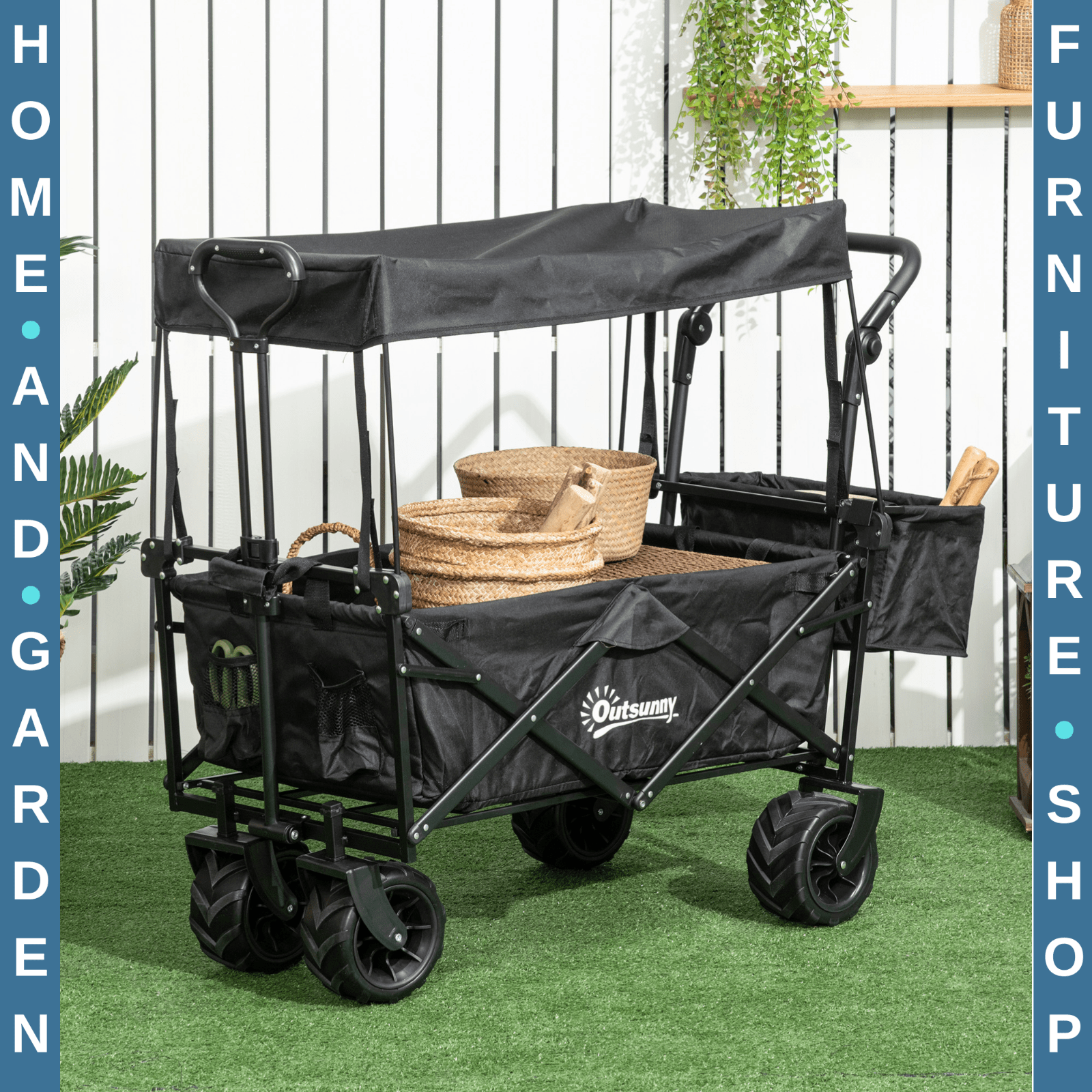Folding Trolley Cart with Canopy & 4 - Wheel Beach Wagon Push Pull Trailer Black - Home and Garden Furniture Shop - rustic - furniture