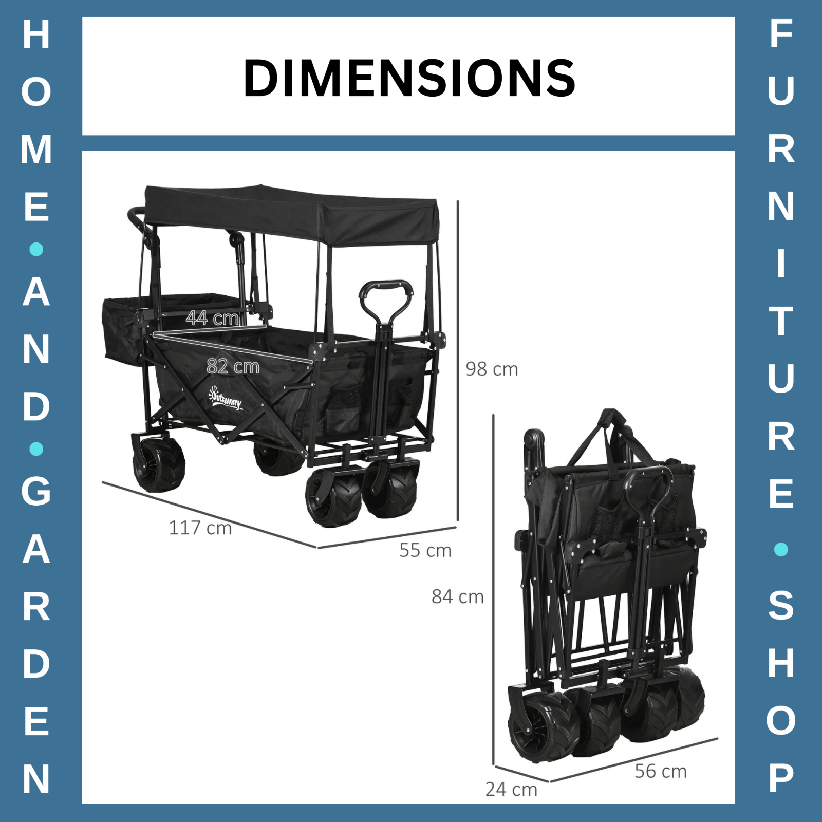 Folding Trolley Cart with Canopy & 4 - Wheel Beach Wagon Push Pull Trailer Black - Home and Garden Furniture Shop - rustic - furniture