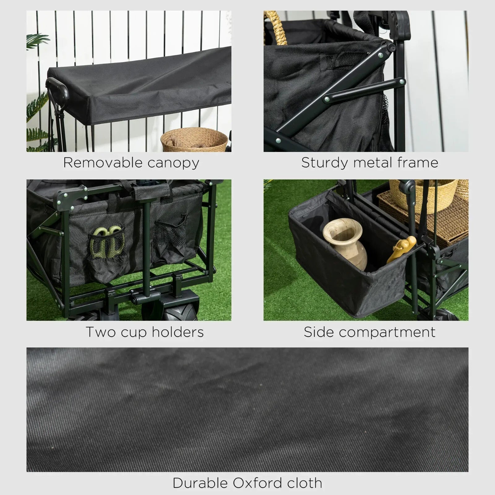 Folding Trolley Cart with Canopy & 4 - Wheel Beach Wagon Push Pull Trailer Black - Home and Garden Furniture Shop - rustic - furniture
