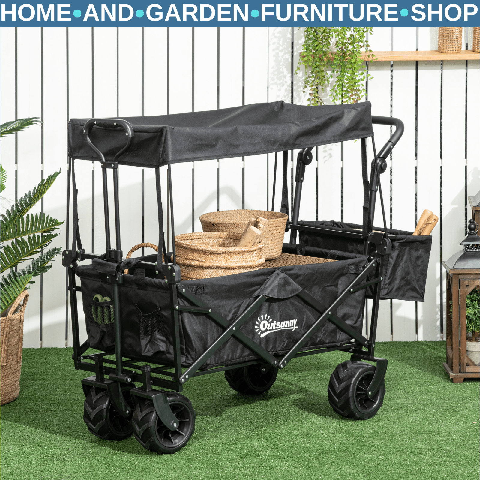 Folding Trolley Cart with Canopy & 4 - Wheel Beach Wagon Push Pull Trailer Black - Home and Garden Furniture Shop - rustic - furniture