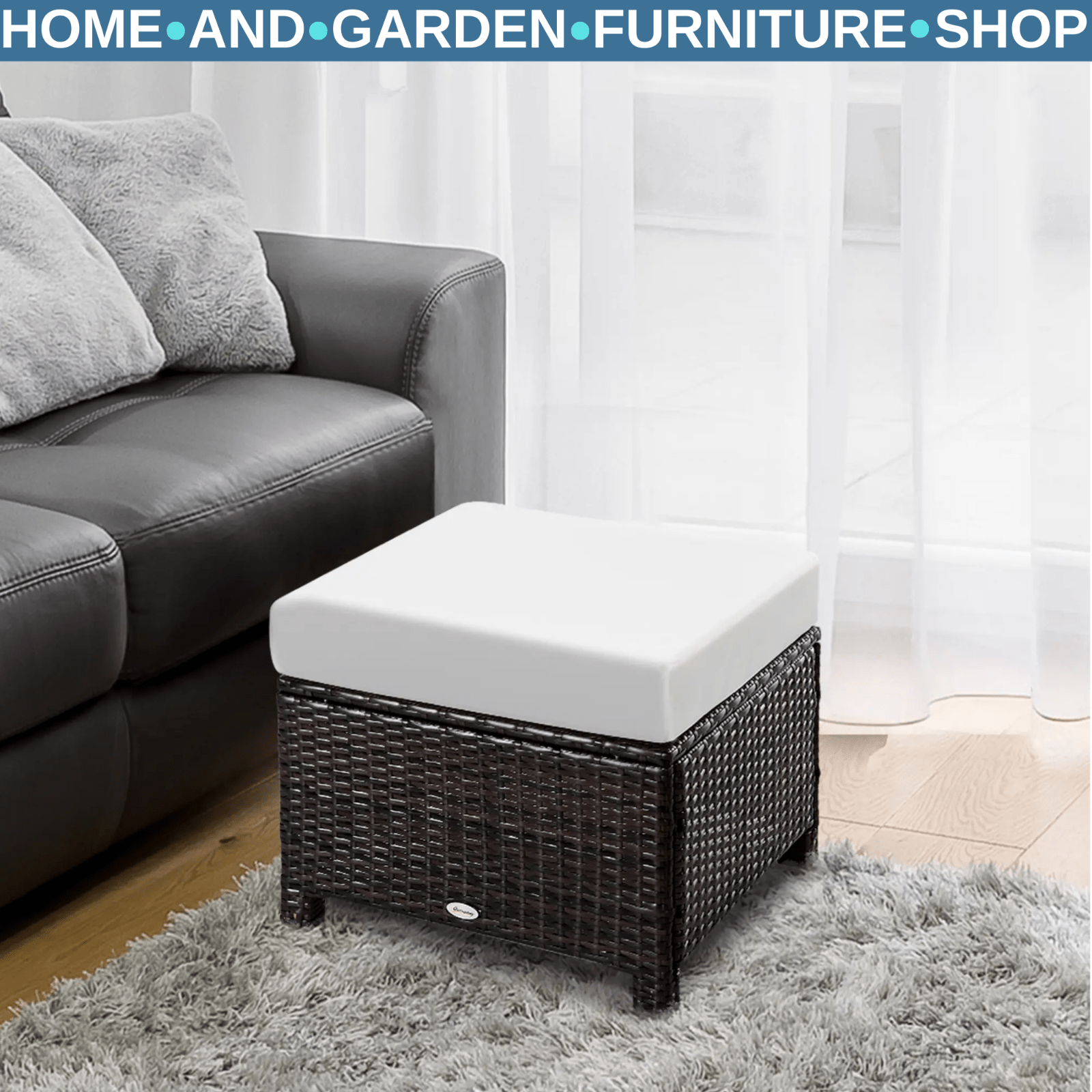 Footstool Rattan Wicker Metal Frame Water - Resistant with Padded Cushion Brown - Home and Garden Furniture Shop - rustic - furniture