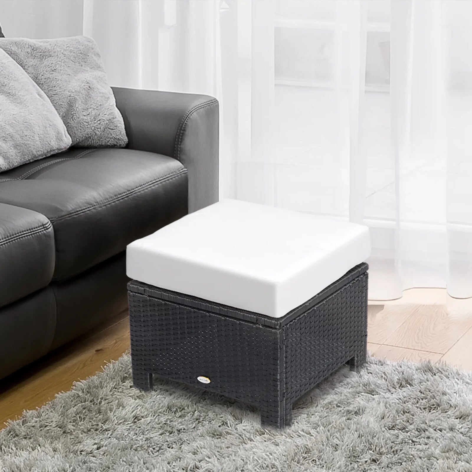 Footstool Rattan Wicker Padded Seat Cushion w/ Removable & Washable Cover Black - Home and Garden Furniture Shop - rustic - furniture