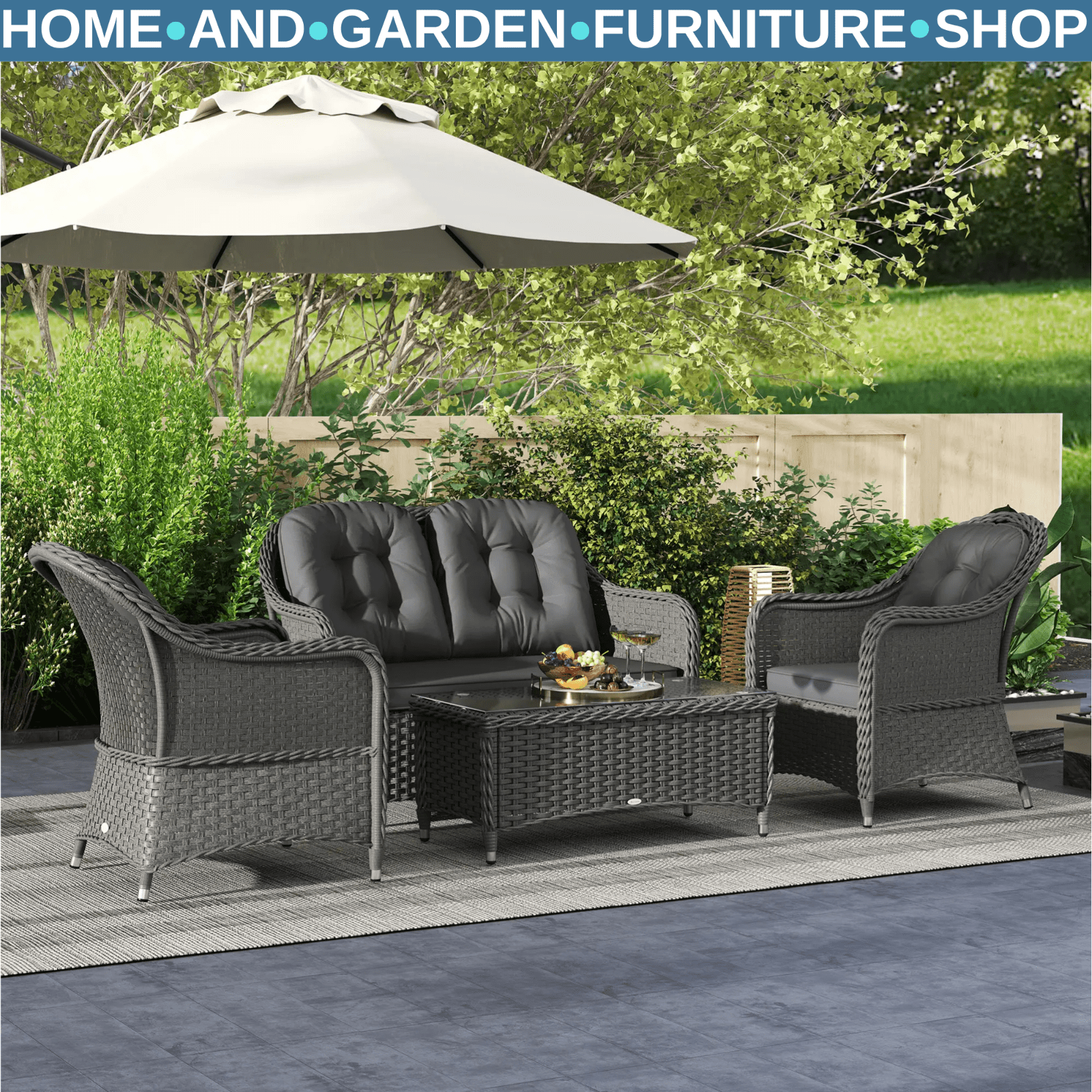 Four Piece Rattan Sofa Set w/ Glass Top Table Garden Outdoor Patio Furniture Set - Home and Garden Furniture Shop - rustic - furniture