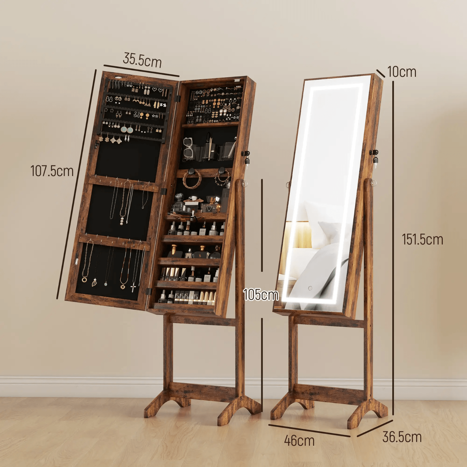 Freestanding Jewellery Cabinet Full Length Mirror LED Light Lockable Armoire Set - Home and Garden Furniture Shop - #rustic - furniture#