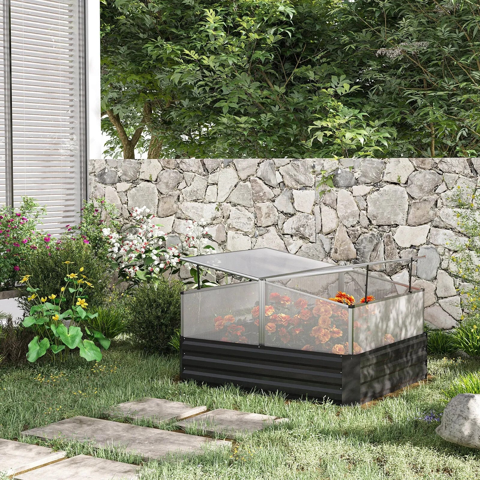 Galvanised Raised Garden Bed with Greenhouse Cover Outdoor Planter Box Dark Grey - Home and Garden Furniture Shop - rustic - furniture