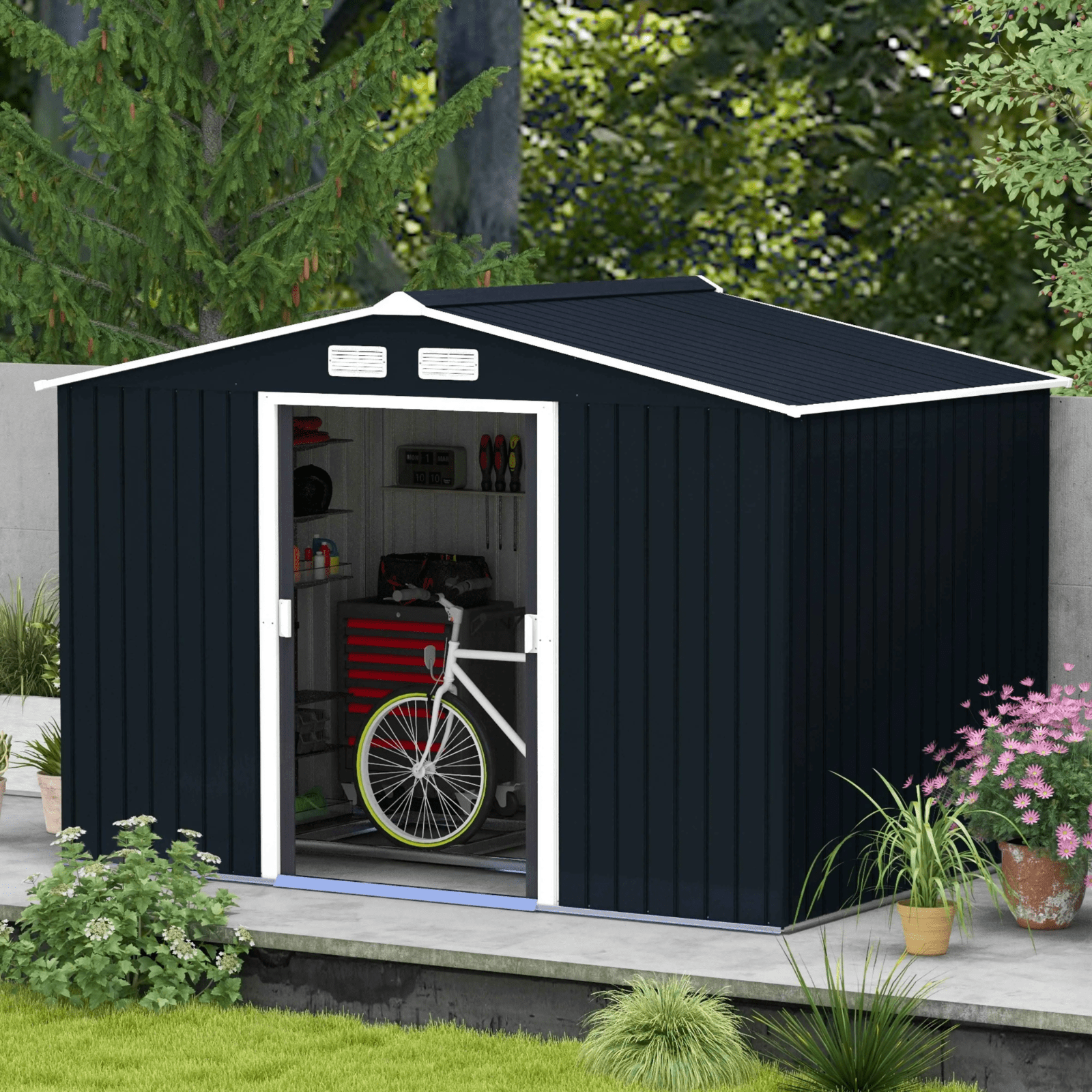 Galvanised Steel Garden Shed 9 x 6FT Garden Storage Shed Sliding Door Tool Hut - Home and Garden Furniture Shop - rustic - furniture