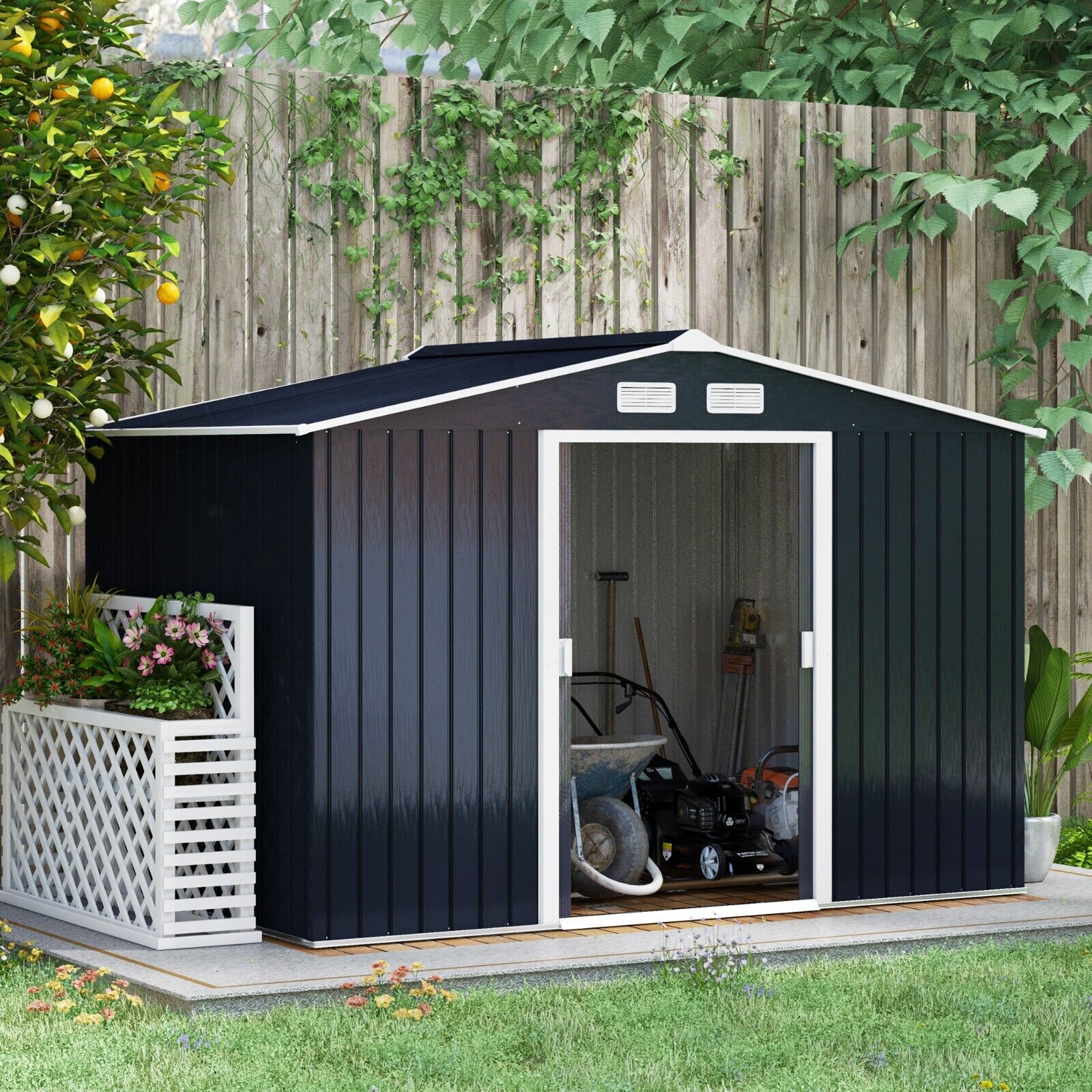 Galvanised Steel Garden Shed 9 x 6FT Garden Storage Shed Sliding Door Tool Hut - Home and Garden Furniture Shop - rustic - furniture