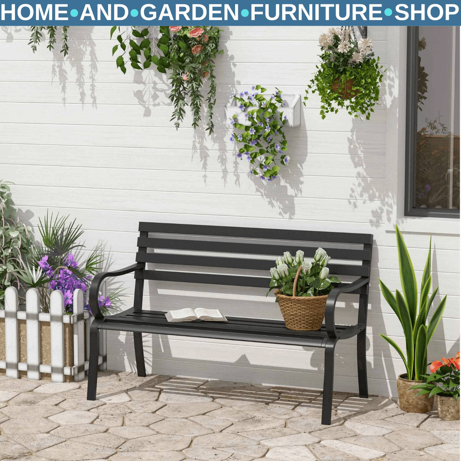 Garden Bench 2 - Seater Powder Coated Steel Frame with Slatted Backrest Black - Home and Garden Furniture Shop - rustic - furniture