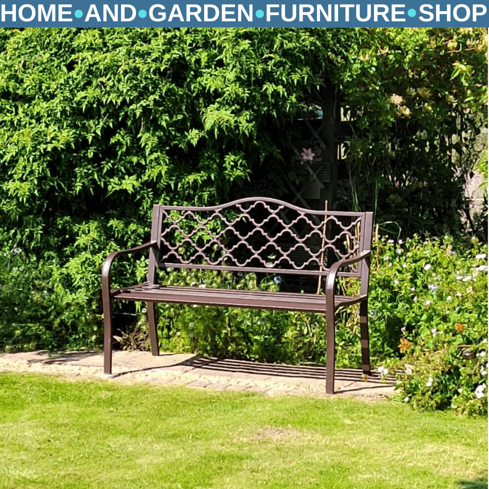 Garden Bench 2 - Seater Powder Coated Weather - Resistant with Slatted Seat Brown - Home and Garden Furniture Shop - rustic - furniture