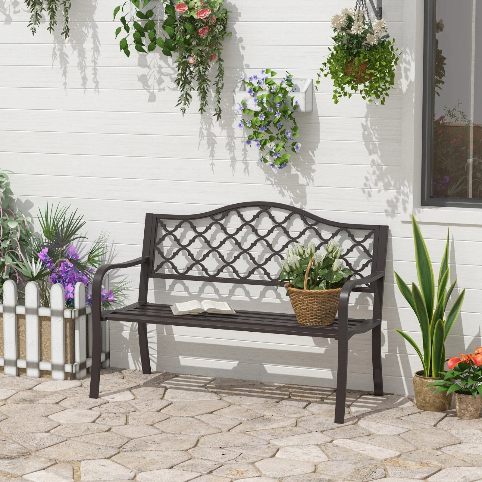 Garden Bench 2 - Seater Powder Coated Weather - Resistant with Slatted Seat Brown - Home and Garden Furniture Shop - rustic - furniture