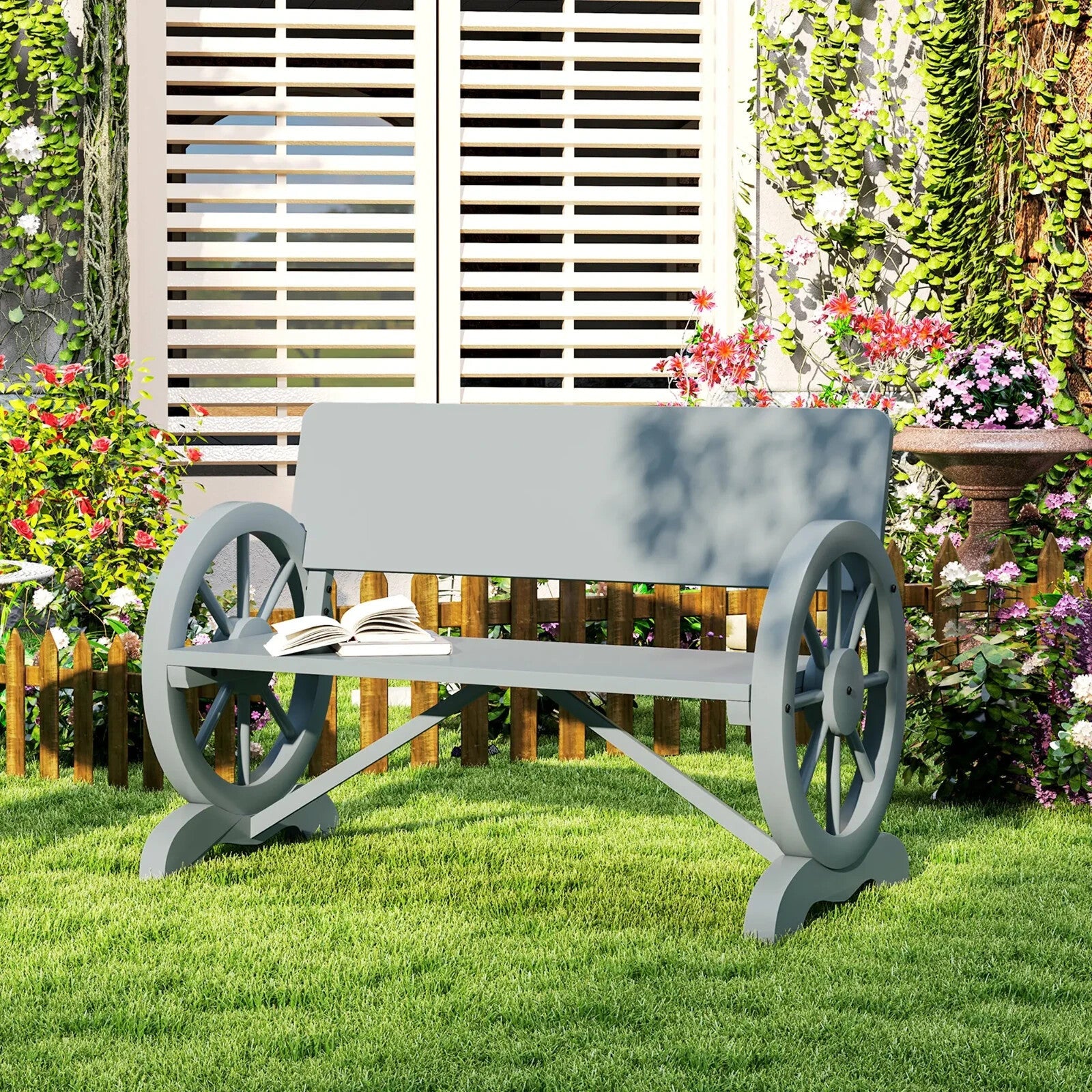 Garden Bench 2 - Seater Wagon Wheel Design Loveseat w/ High Back Carbonized Grey - Home and Garden Furniture Shop - rustic - furniture