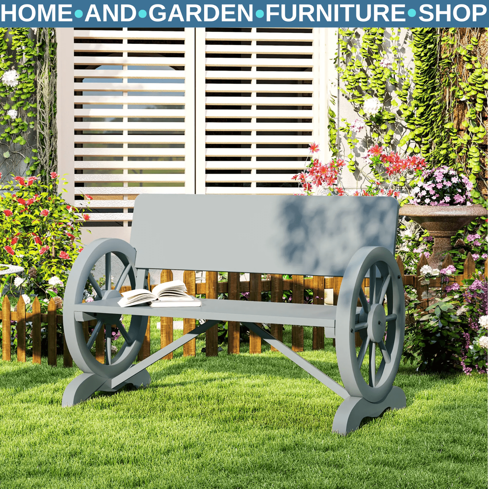 Garden Bench 2 - Seater Wagon Wheel Design Loveseat w/ High Back Carbonized Grey - Home and Garden Furniture Shop - rustic - furniture