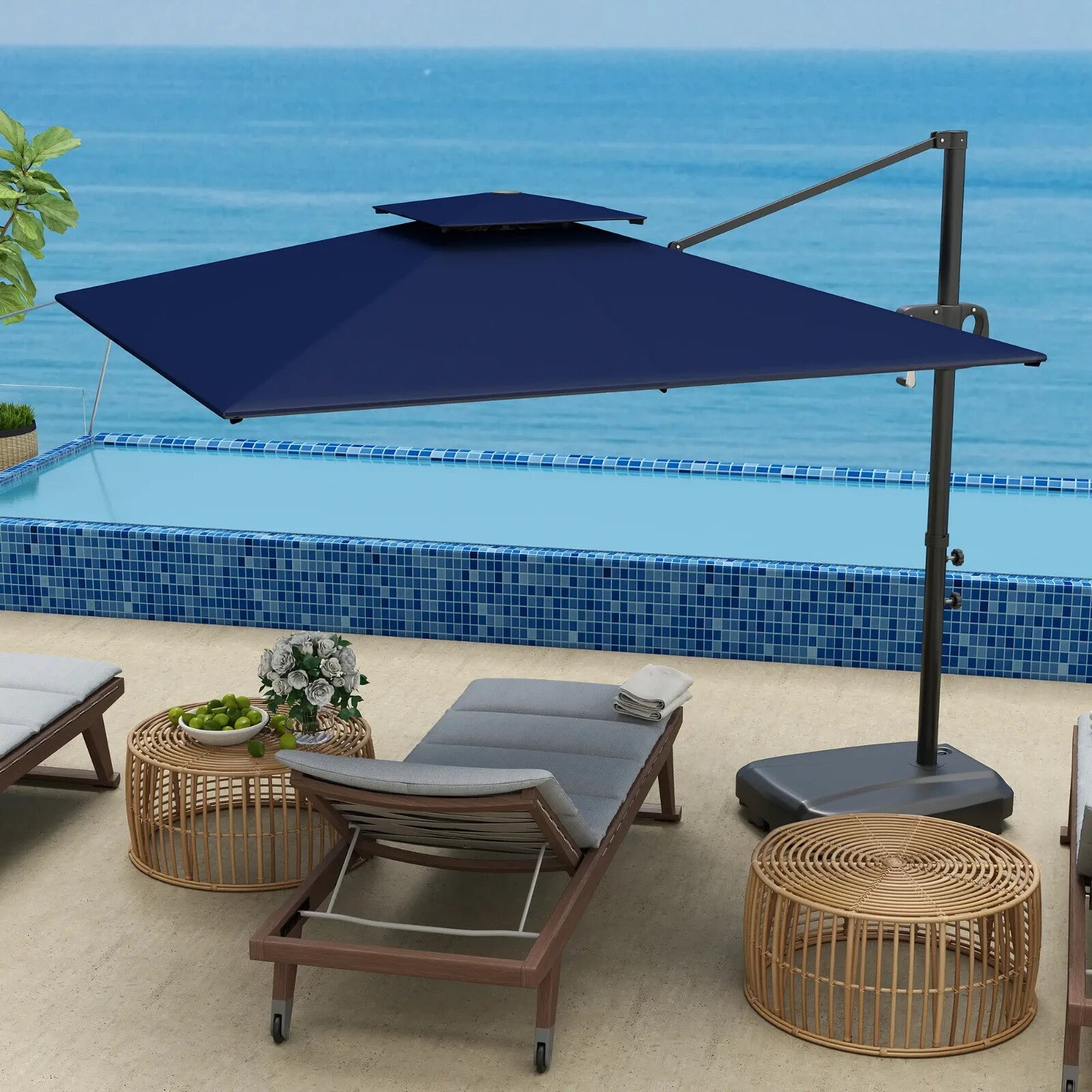 Garden Cantilever Parasol with Weighted Base, Tilt, and Crank - Dark Blue - Home and Garden Furniture Shop - rustic - furniture