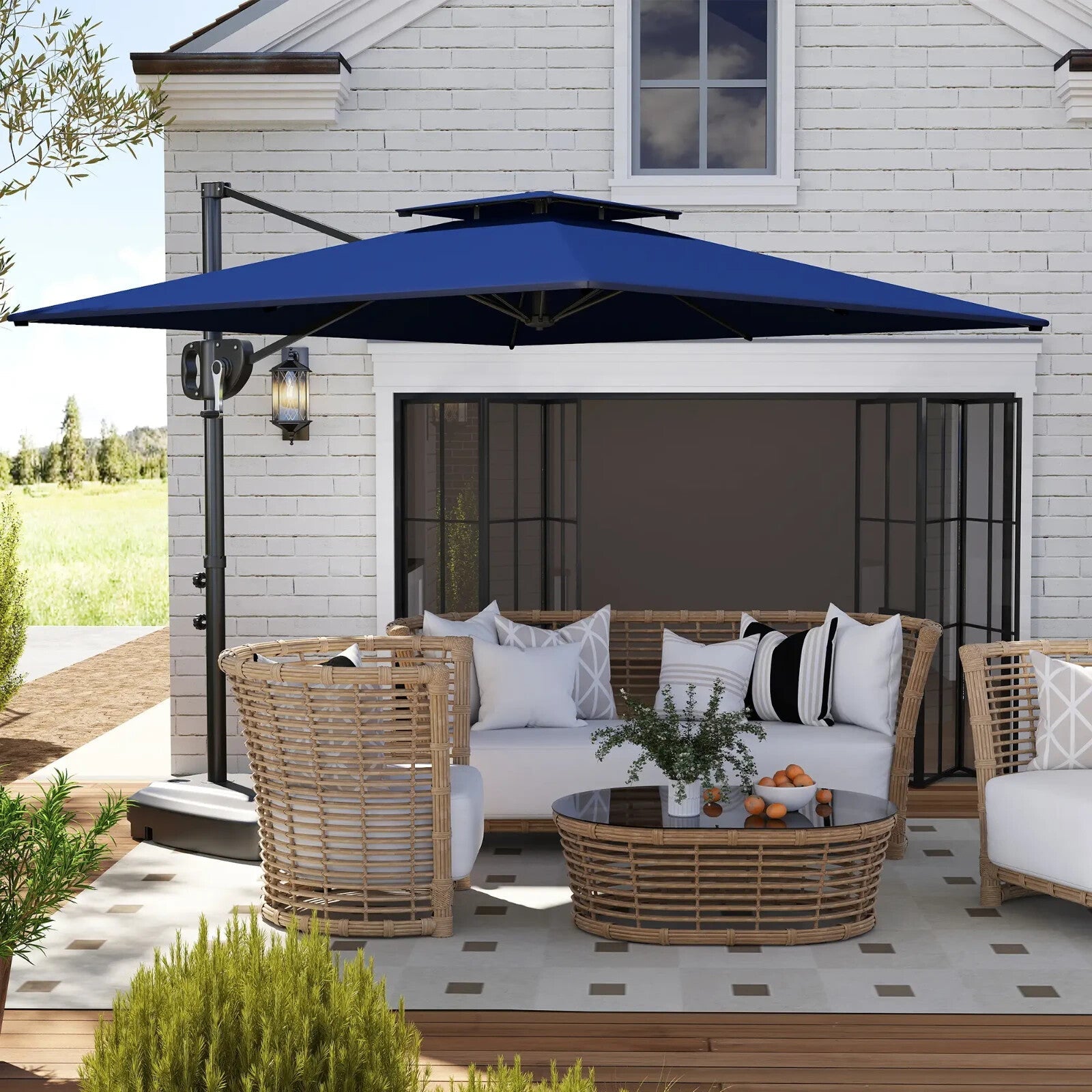 Garden Cantilever Parasol with Weighted Base, Tilt, and Crank - Dark Blue - Home and Garden Furniture Shop - rustic - furniture