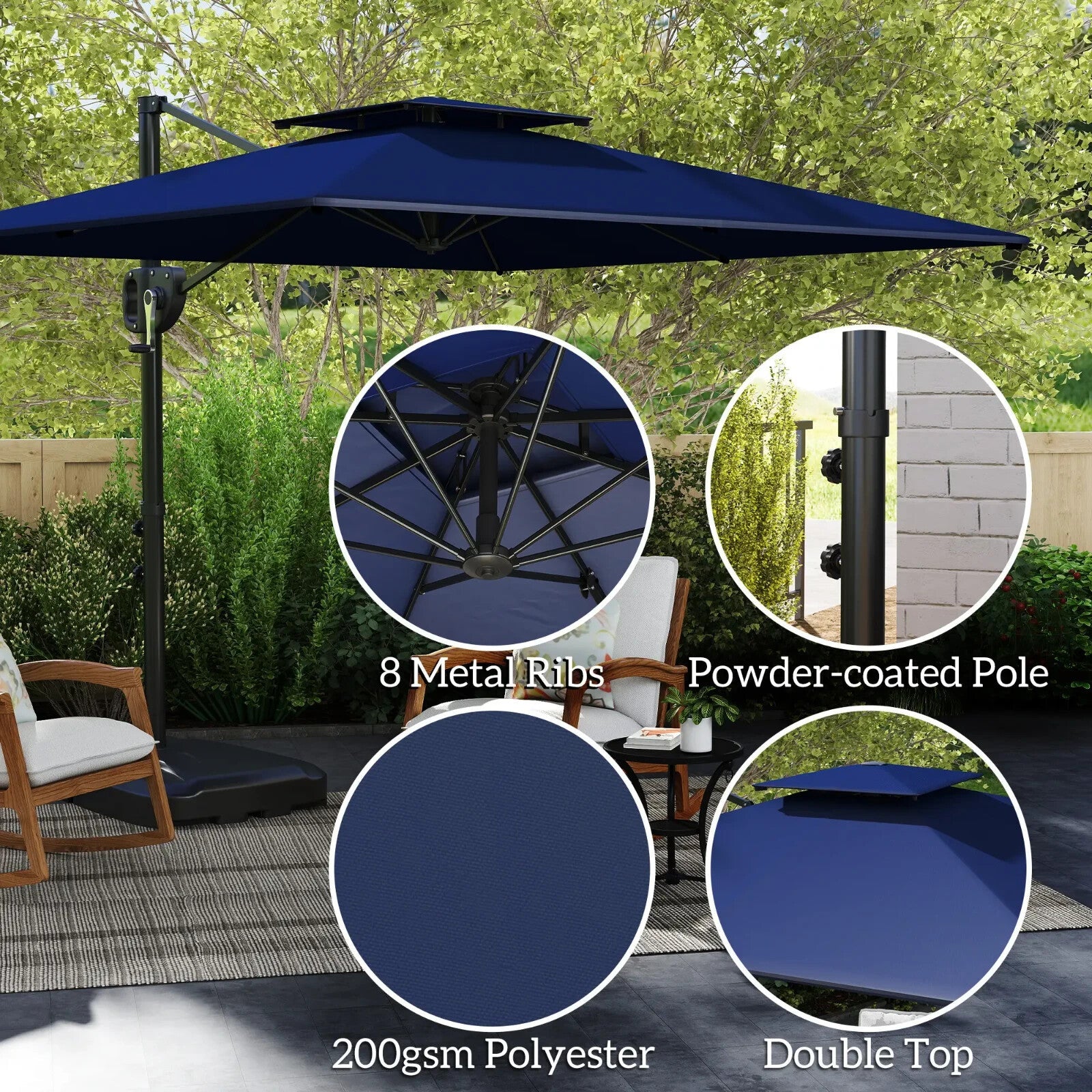 Garden Cantilever Parasol with Weighted Base, Tilt, and Crank - Dark Blue - Home and Garden Furniture Shop - rustic - furniture