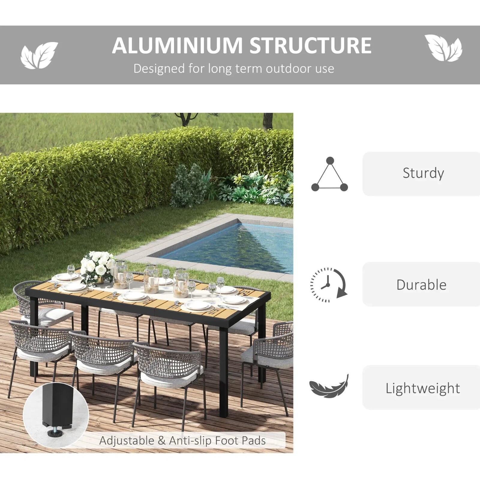 Garden Dining Table for 8 People 190 x 90 x 74 cm Aluminium Frame Faux Wood Top - Home and Garden Furniture Shop - rustic - furniture