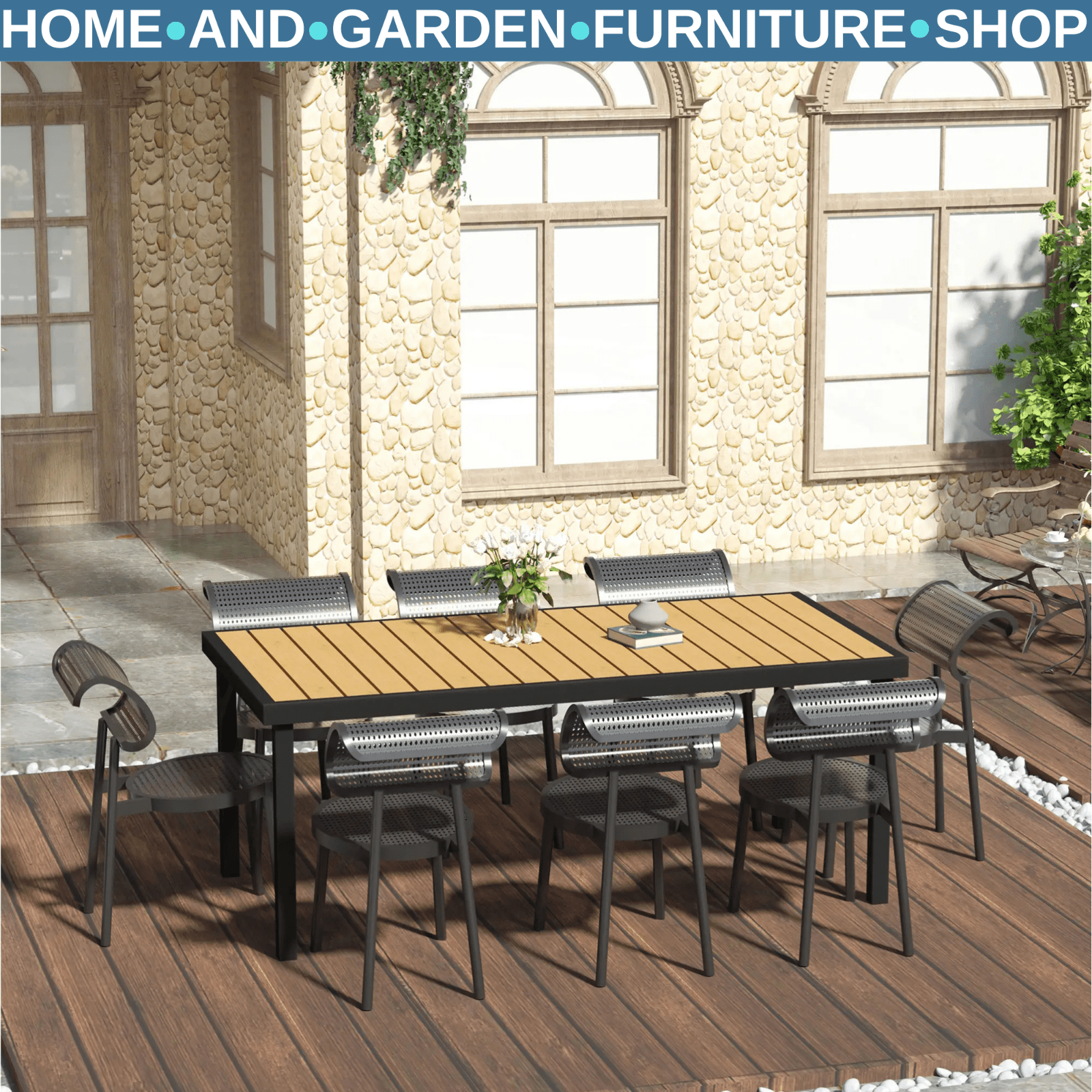 Garden Dining Table for 8 People 190 x 90 x 74 cm Aluminium Frame Faux Wood Top - Home and Garden Furniture Shop - rustic - furniture