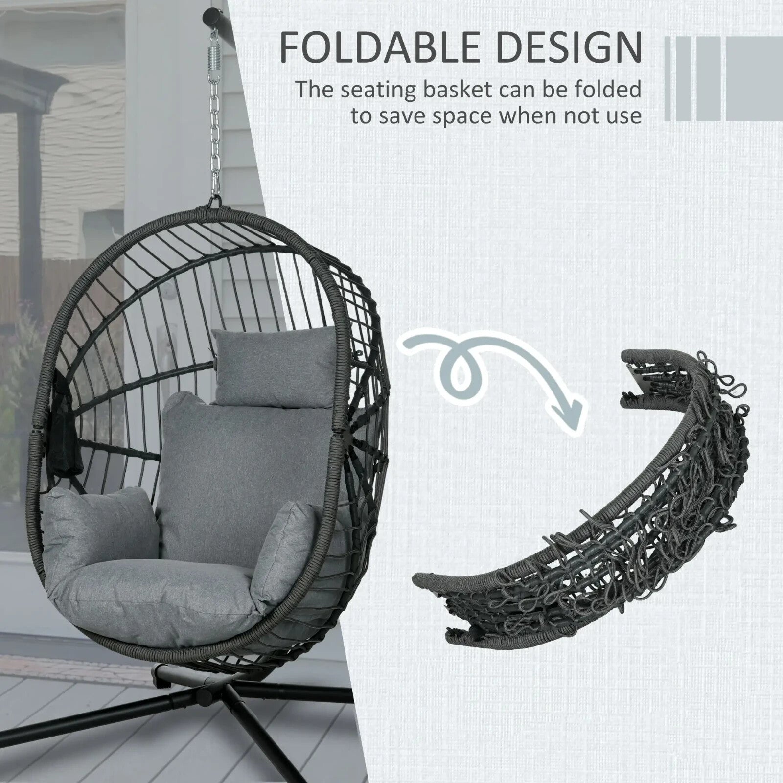 Garden Patio Egg Chair Hanging Swing Chair Grey Thick Cushion Steel Frame Seat - Home and Garden Furniture Shop - rustic - furniture