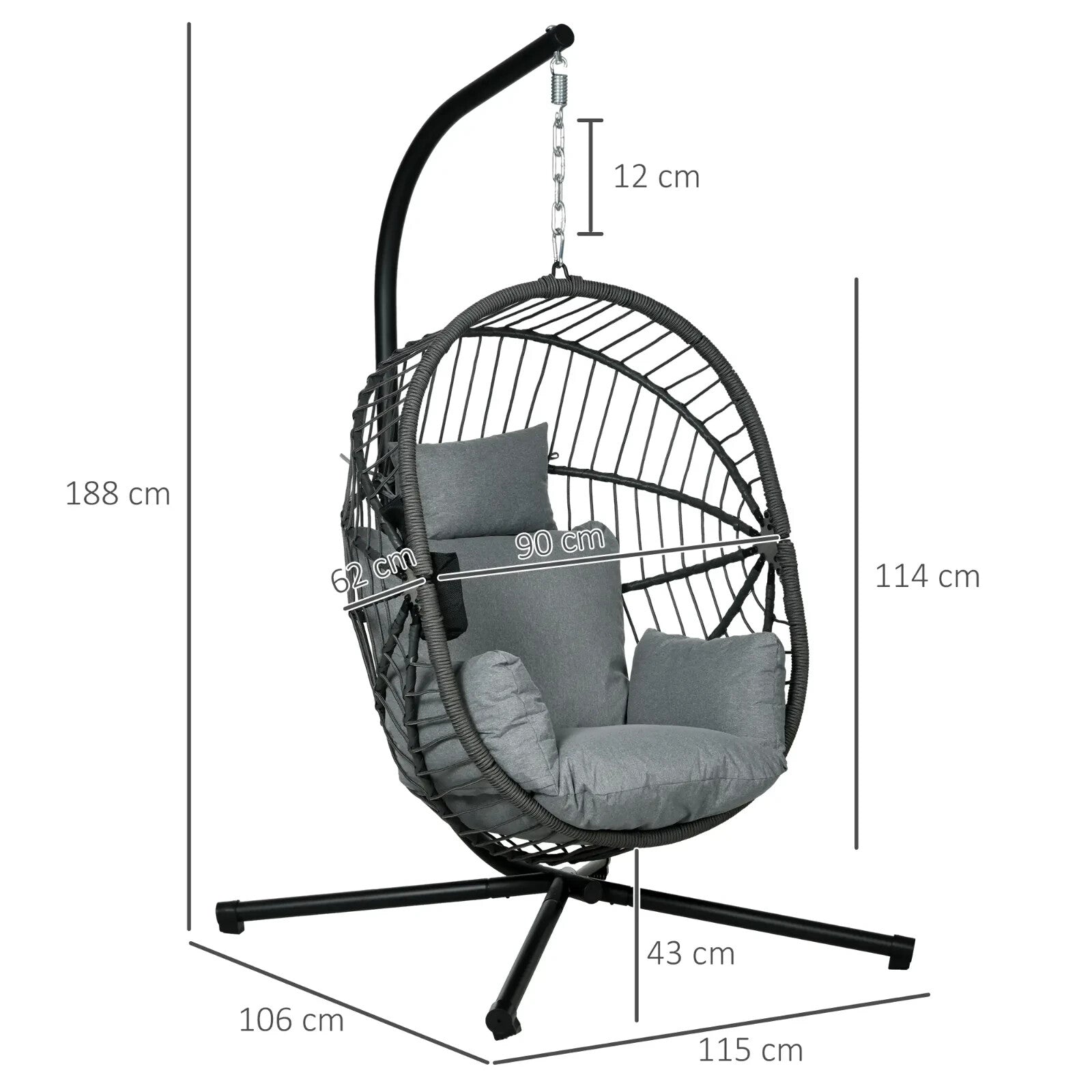 Garden Patio Egg Chair Hanging Swing Chair Grey Thick Cushion Steel Frame Seat - Home and Garden Furniture Shop - rustic - furniture