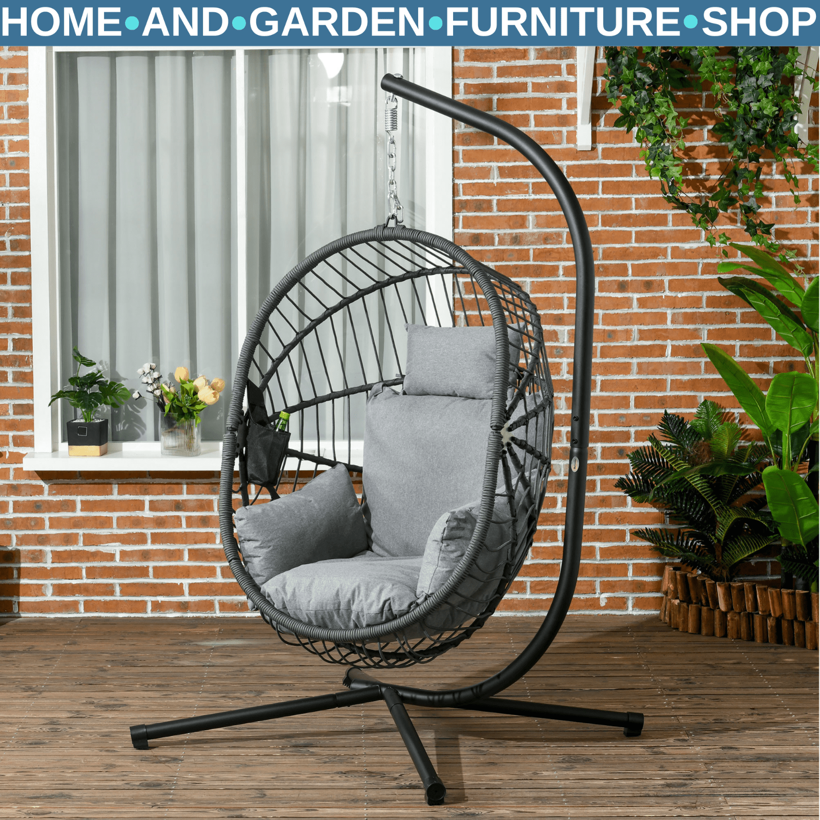 Garden Patio Egg Chair Hanging Swing Chair Grey Thick Cushion Steel Frame Seat - Home and Garden Furniture Shop - rustic - furniture