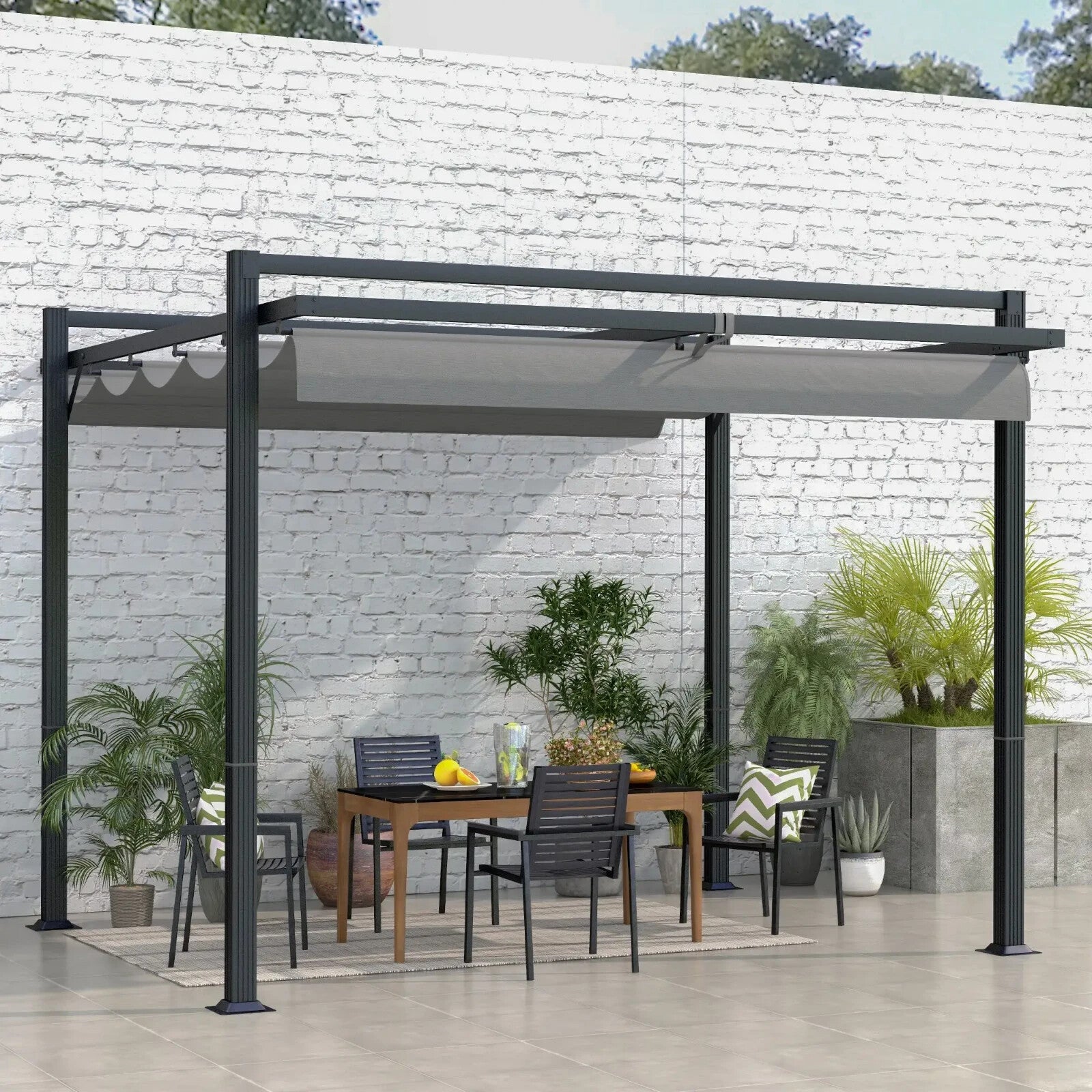 Garden Pergola with Retractable Roof Large Metal Frame Outdoor Sun Shelter Grey - Home and Garden Furniture Shop - rustic - furniture
