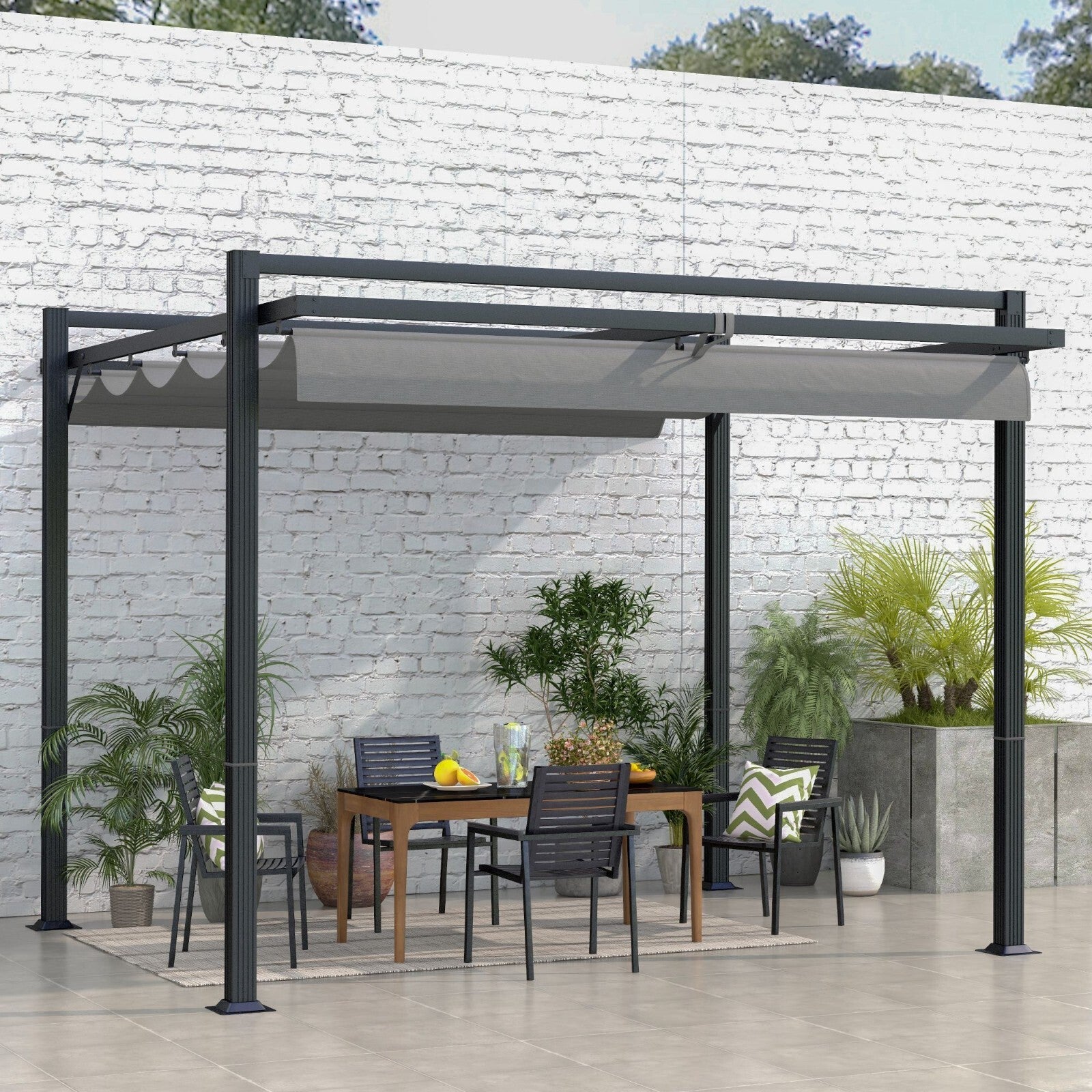 Garden Pergola with Retractable Roof Large Metal Frame Outdoor Sun Shelter Grey - Home and Garden Furniture Shop - rustic - furniture