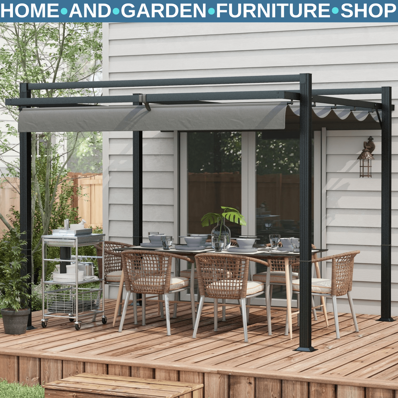 Garden Pergola with Retractable Roof Large Metal Frame Outdoor Sun Shelter Grey - Home and Garden Furniture Shop - rustic - furniture