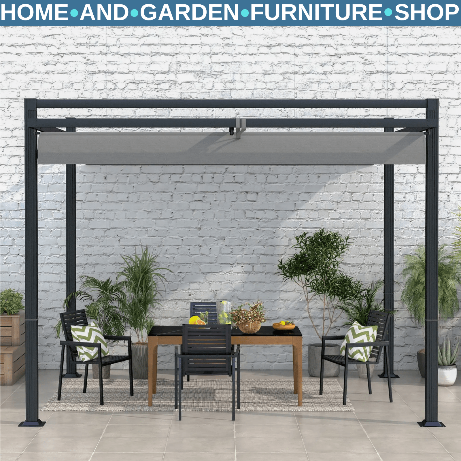 Garden Pergola with Retractable Roof Large Metal Frame Outdoor Sun Shelter Grey - Home and Garden Furniture Shop - rustic - furniture