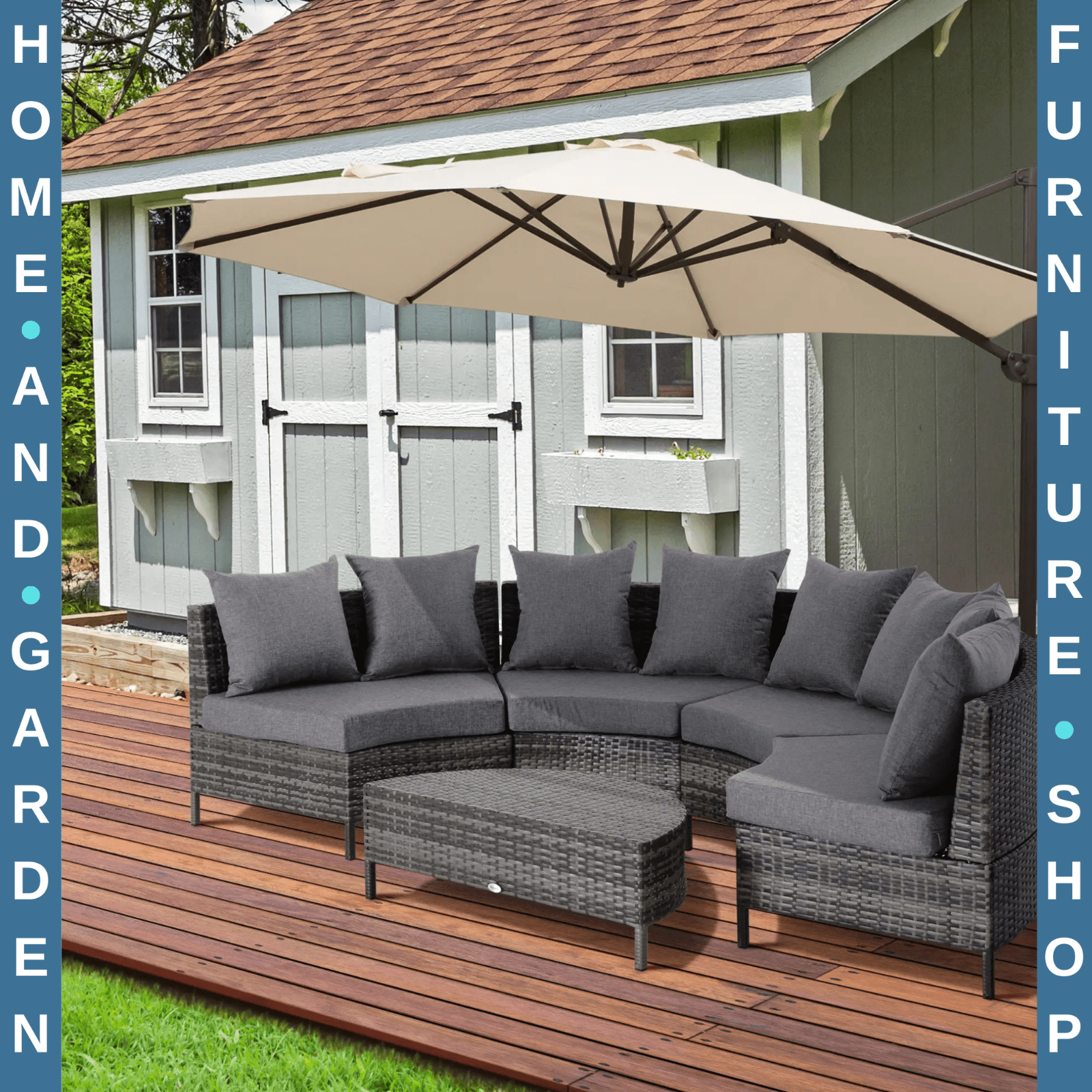 Garden Rattan Furniture 4 Seaters Half - round Patio Outdoor Sofa & Table - Grey - Home and Garden Furniture Shop - rustic - furniture